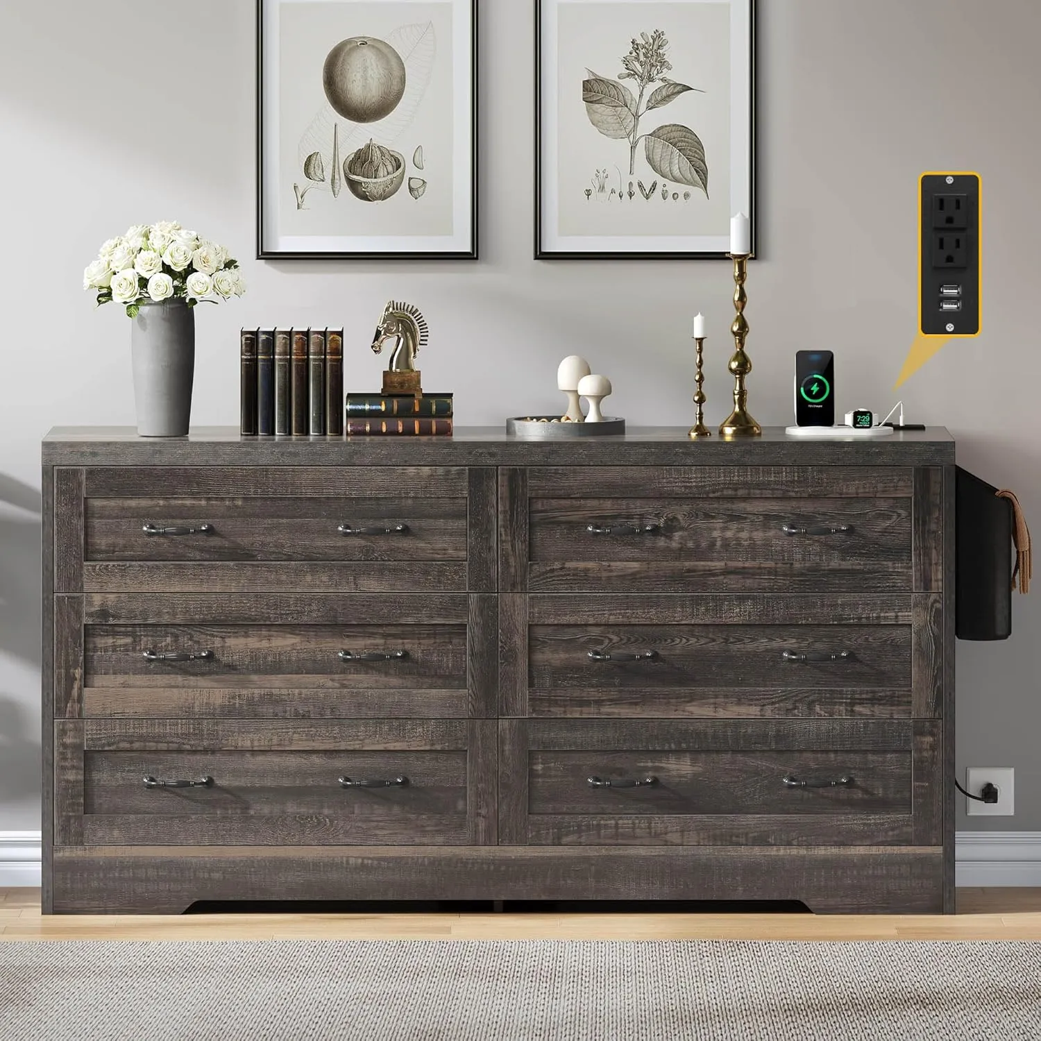 DWVO Farmhouse 6 Drawer Dresser for Bedroom, 60 Inch Large Modern Dresser TV Stand with Drawers & Bar Handles, Storage Dressers with Power Outlets, Rustic Wood Chest of Drawers, Rustic Oak