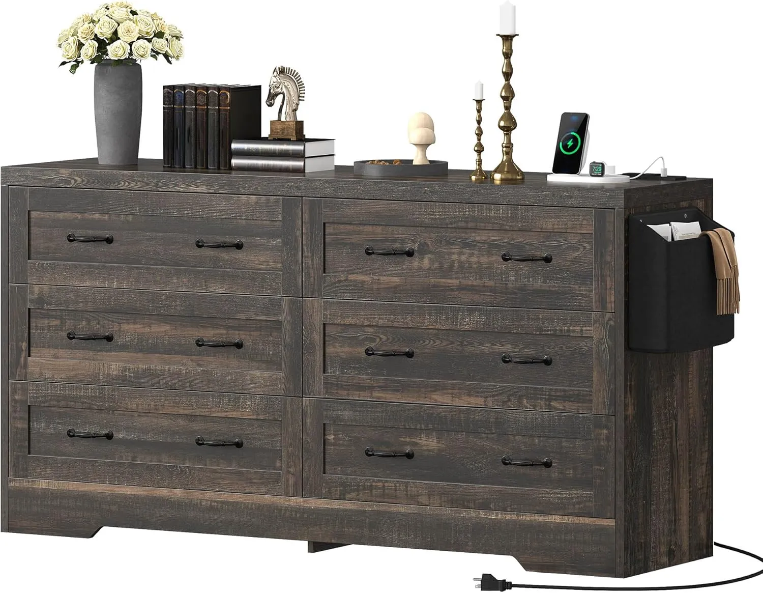 DWVO Farmhouse 6 Drawer Dresser for Bedroom, 60 Inch Large Modern Dresser TV Stand with Drawers & Bar Handles, Storage Dressers with Power Outlets, Rustic Wood Chest of Drawers, Rustic Oak
