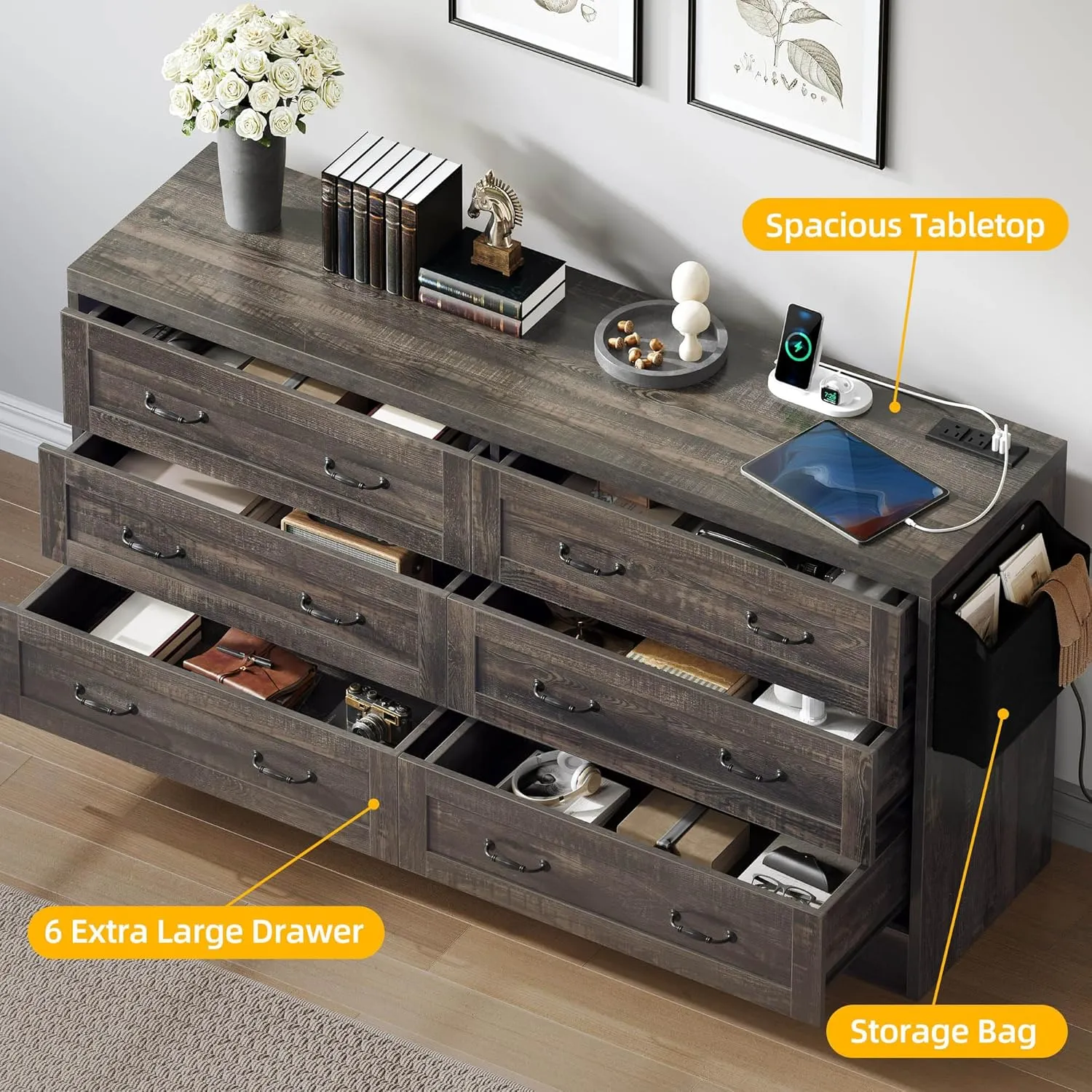 DWVO Farmhouse 6 Drawer Dresser for Bedroom, 60 Inch Large Modern Dresser TV Stand with Drawers & Bar Handles, Storage Dressers with Power Outlets, Rustic Wood Chest of Drawers, Rustic Oak