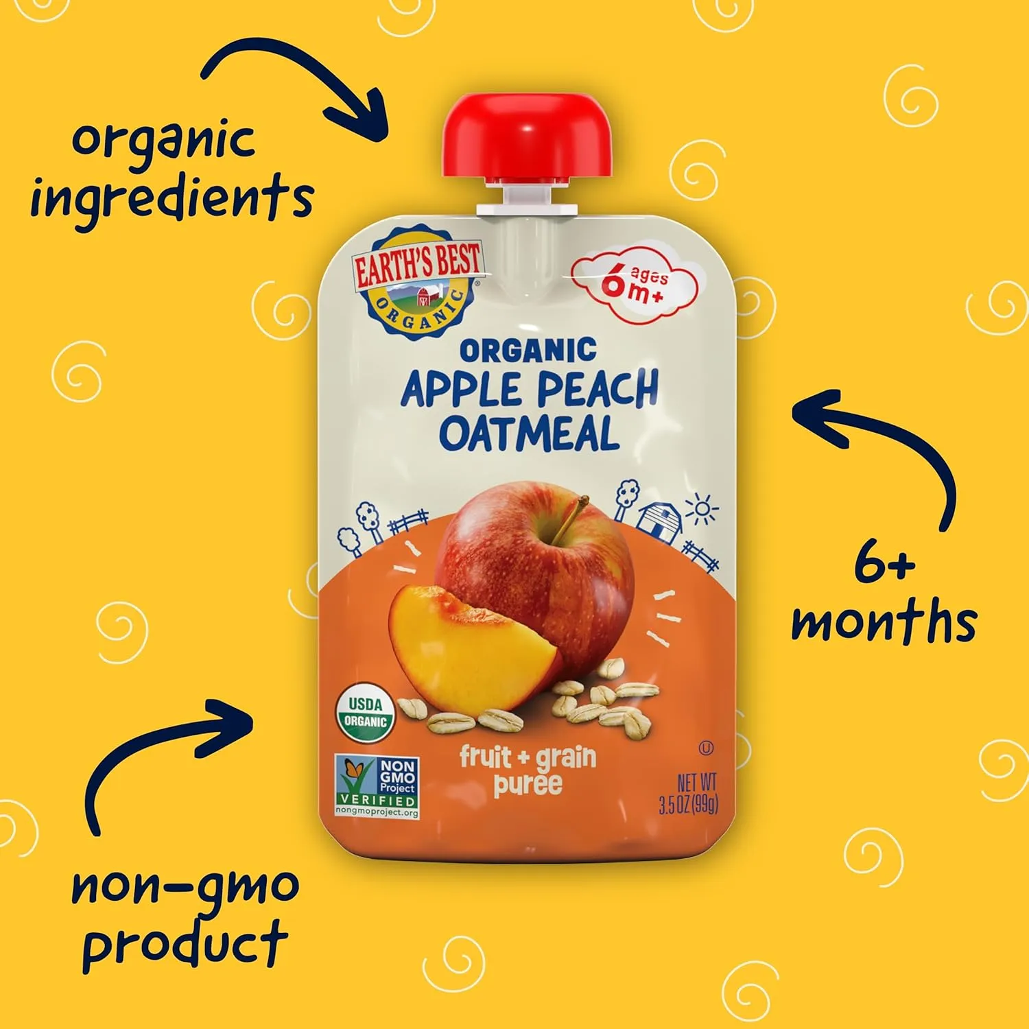 Earth's Best Organic Baby Food Pouches, Fruit and Grain Puree for Babies 6 Months and Older, Organic Apple Peach and Oatmeal Puree, 3.5 oz Resealable Pouch (Pack of 12) (Packaging May Vary)