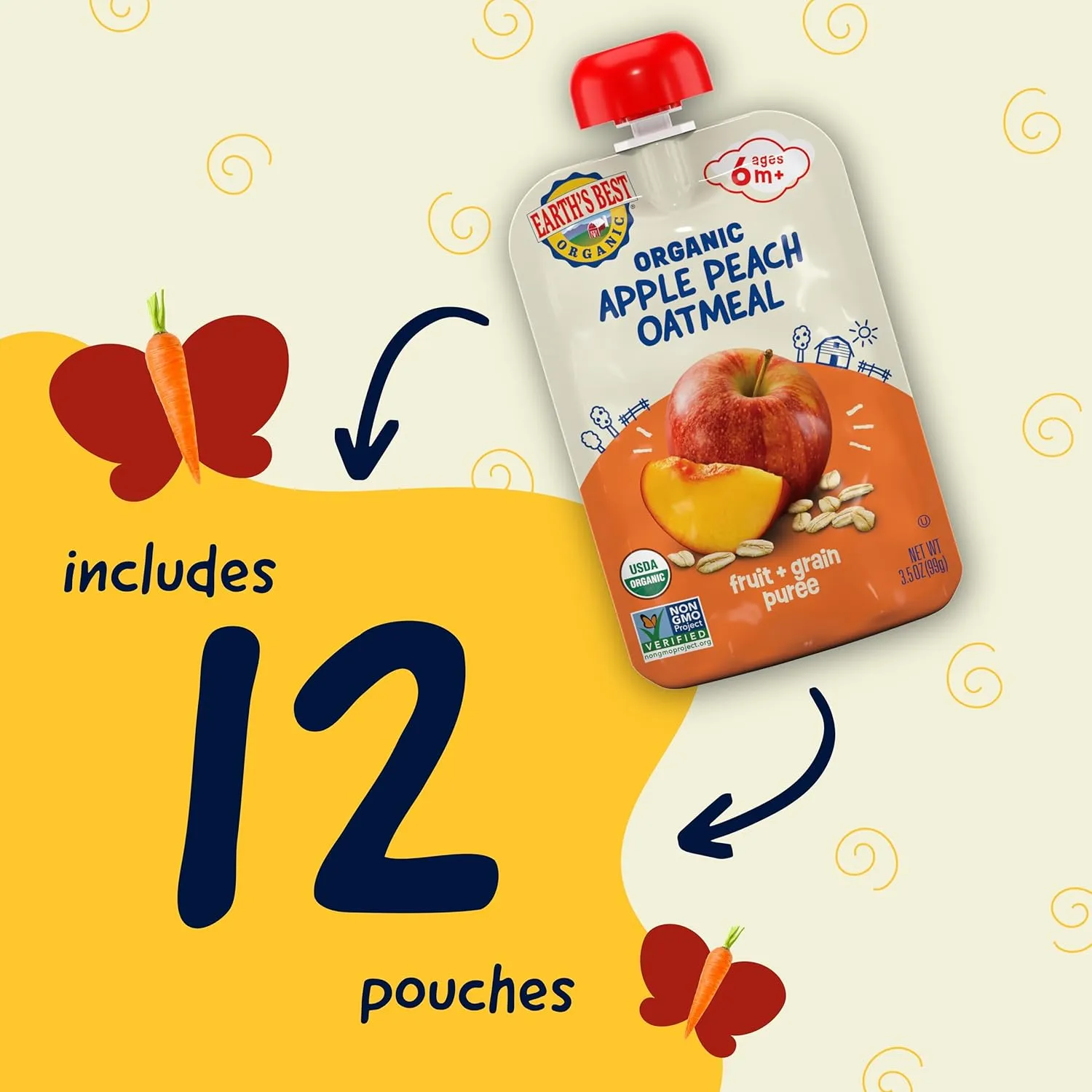 Earth's Best Organic Baby Food Pouches, Fruit and Grain Puree for Babies 6 Months and Older, Organic Apple Peach and Oatmeal Puree, 3.5 oz Resealable Pouch (Pack of 12) (Packaging May Vary)