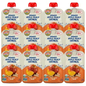 Earth's Best Organic Baby Food Pouches, Fruit and Grain Puree for Babies 6 Months and Older, Organic Apple Peach and Oatmeal Puree, 3.5 oz Resealable Pouch (Pack of 12) (Packaging May Vary)