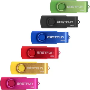 EASTFUN 6 Pcs 16GB USB 2.0 Flash Drive Fold Storage Memory Stick Thumb Drive Swivel Design, Mix Colors (Rose Gold Red Blue Black Green)