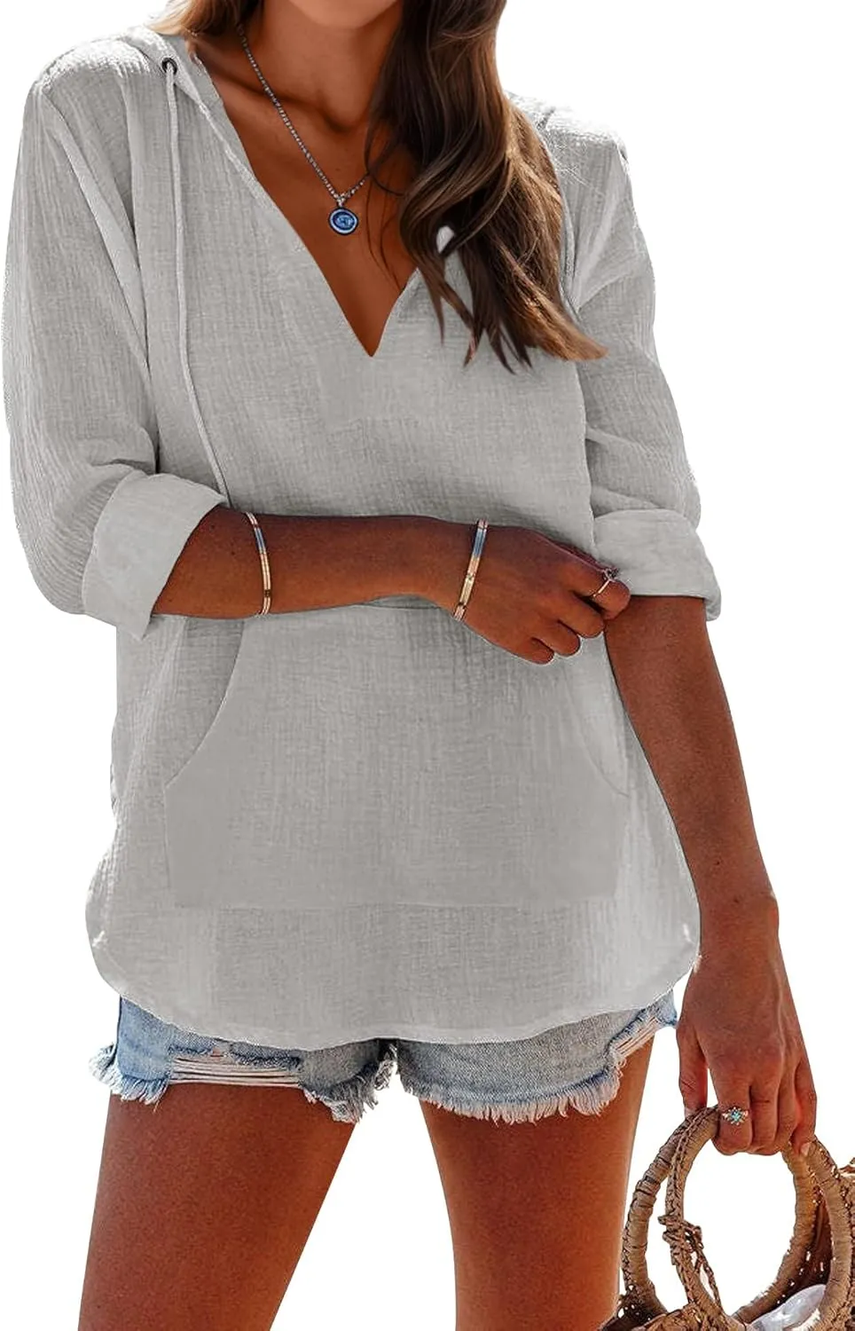 Ebifin Women's Beach Cover Up hoodies sweatshirt Long Sleeve V Neck Pocketed Hooded Shirt Top