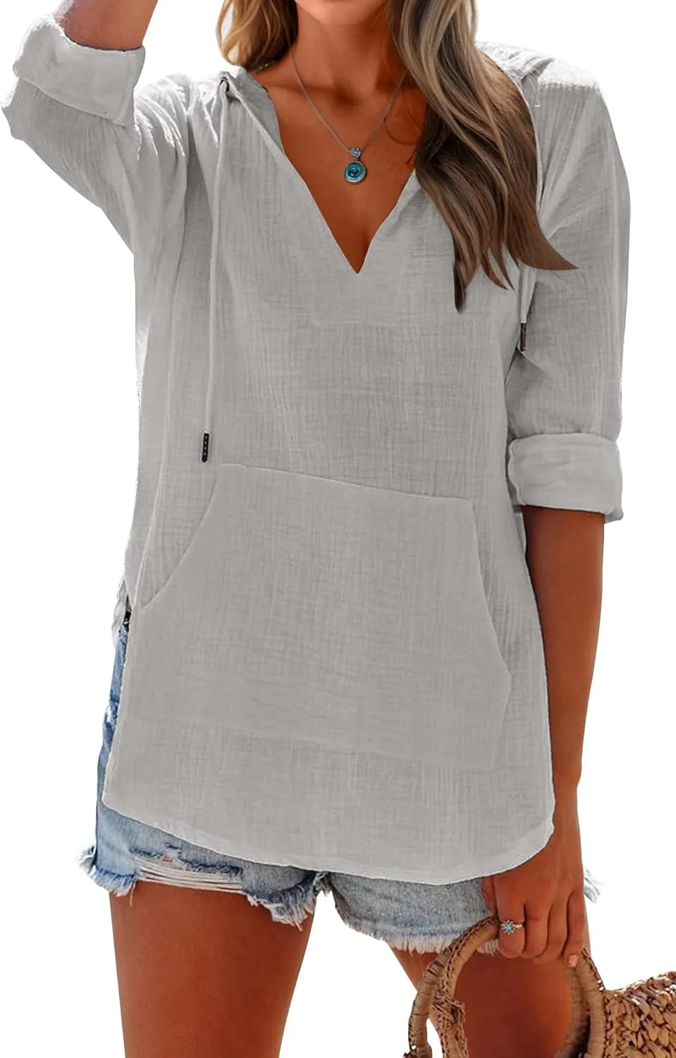 Ebifin Women's Beach Cover Up hoodies sweatshirt Long Sleeve V Neck Pocketed Hooded Shirt Top