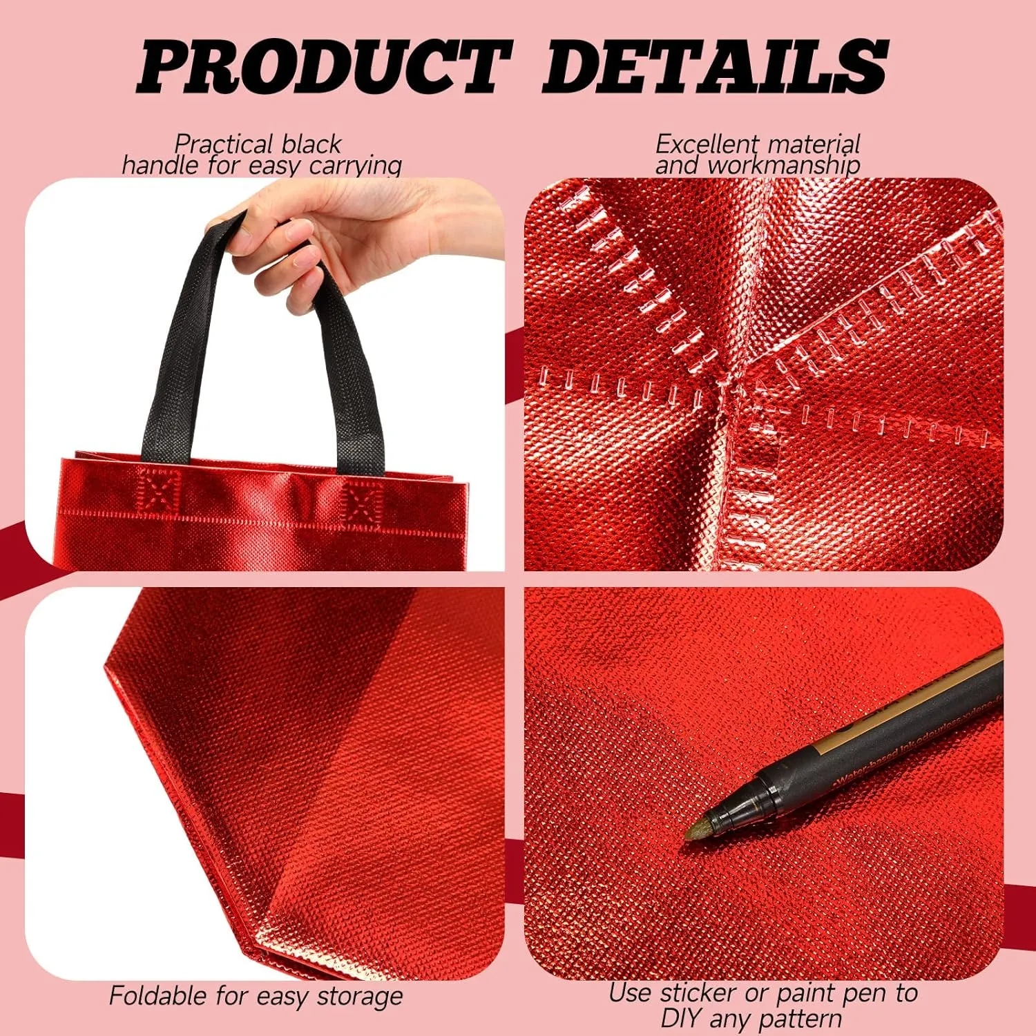 Eccliy 80 Pieces Gift Bags Set Glossy Reusable Tote with Handles Grocery Bags Bulk for Wedding, Bachelorette Party, Christmas(Medium,Red with Black Handles)