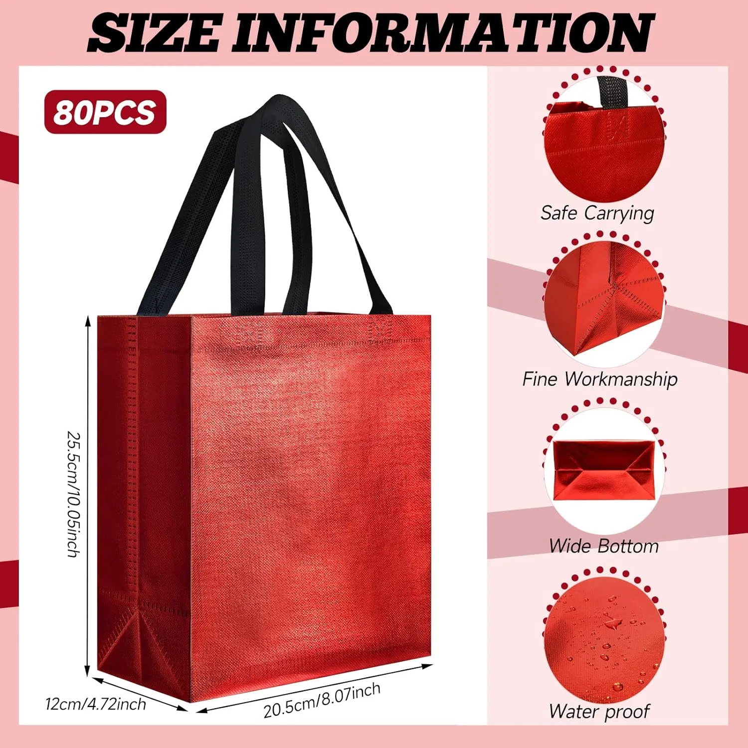 Eccliy 80 Pieces Gift Bags Set Glossy Reusable Tote with Handles Grocery Bags Bulk for Wedding, Bachelorette Party, Christmas(Medium,Red with Black Handles)