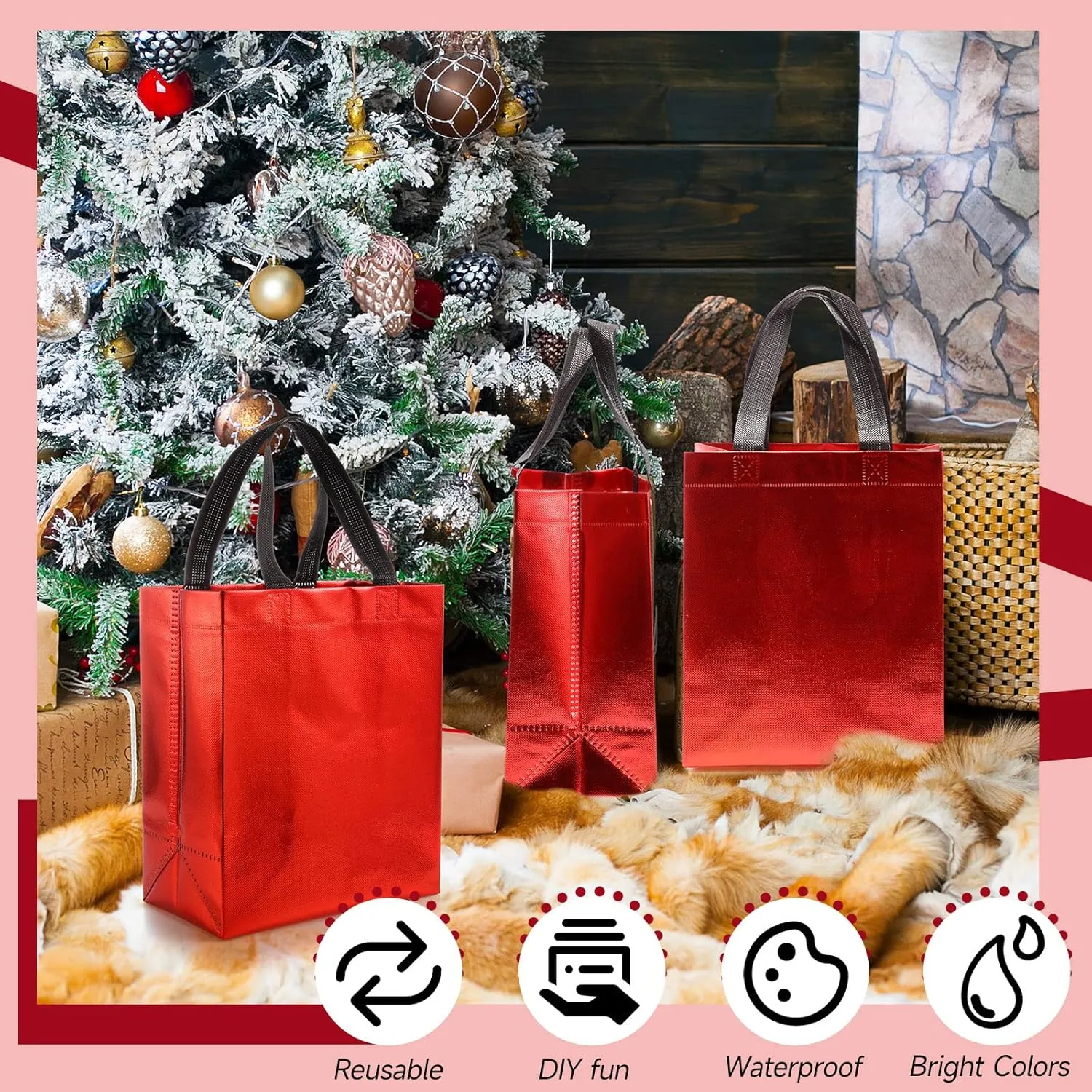 Eccliy 80 Pieces Gift Bags Set Glossy Reusable Tote with Handles Grocery Bags Bulk for Wedding, Bachelorette Party, Christmas(Medium,Red with Black Handles)