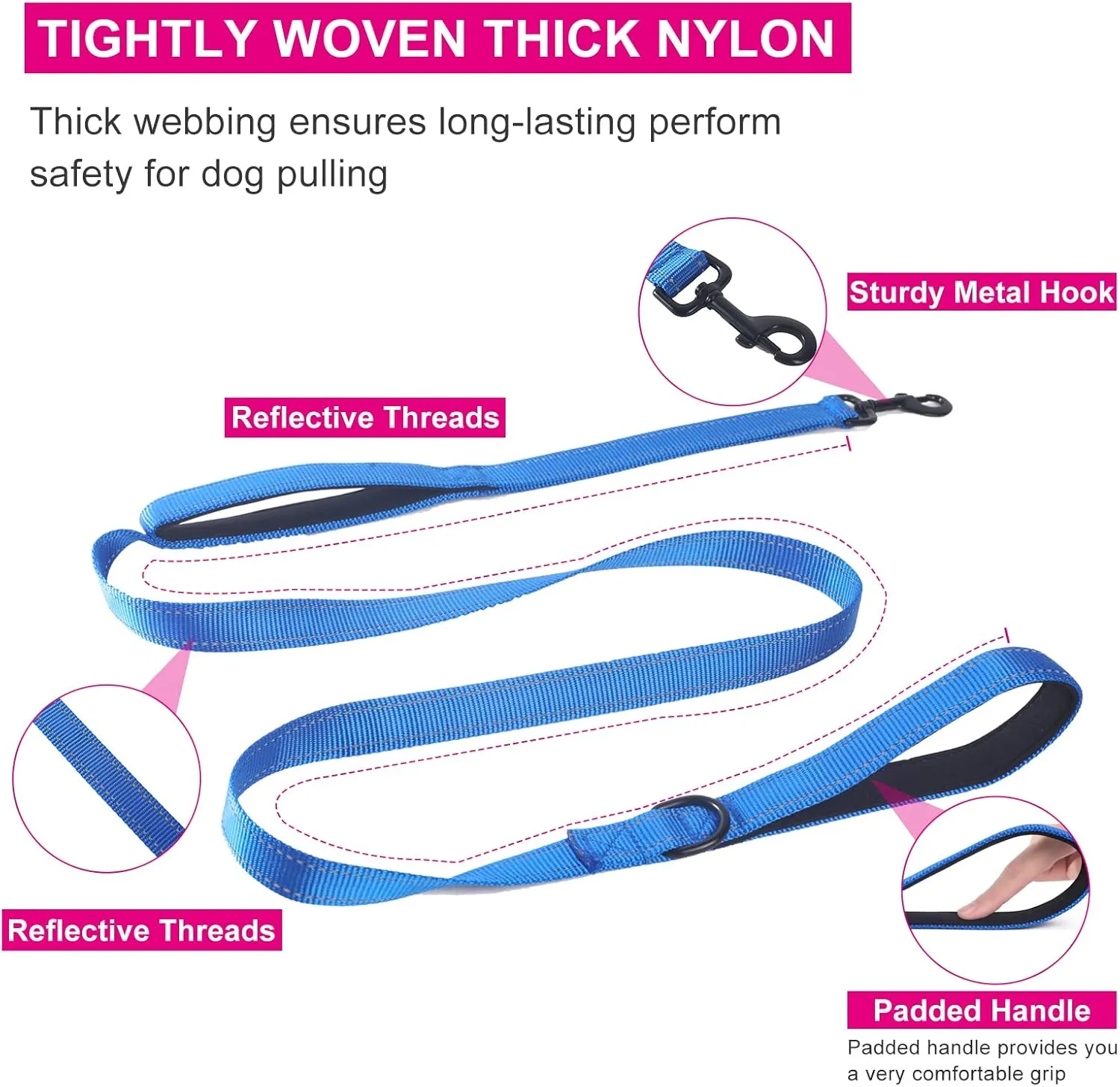 ECO-CLEAN Dog Leash for Large Dogs, Traffic Padded 2 Handles for Extra Control, 6 FT Long with Reflective Stitch for Night Walking (Blue)