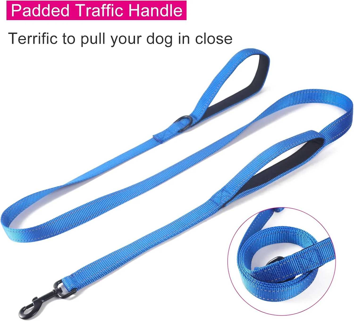 ECO-CLEAN Dog Leash for Large Dogs, Traffic Padded 2 Handles for Extra Control, 6 FT Long with Reflective Stitch for Night Walking (Blue)