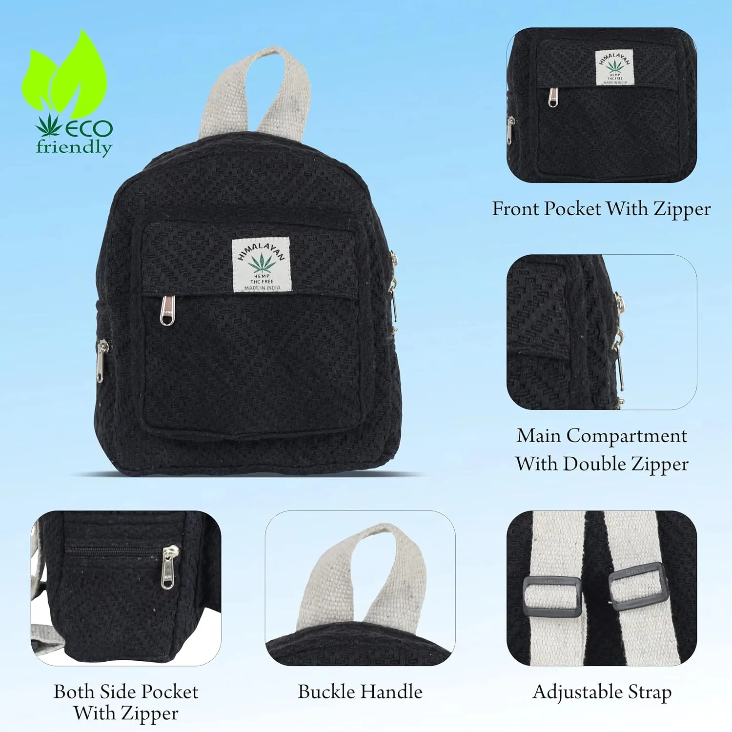 Eco Friendly Set Of Hemp Mini Backpack   Coin Purse Cute Light Weight Hemp Bag For women Girl (Black)