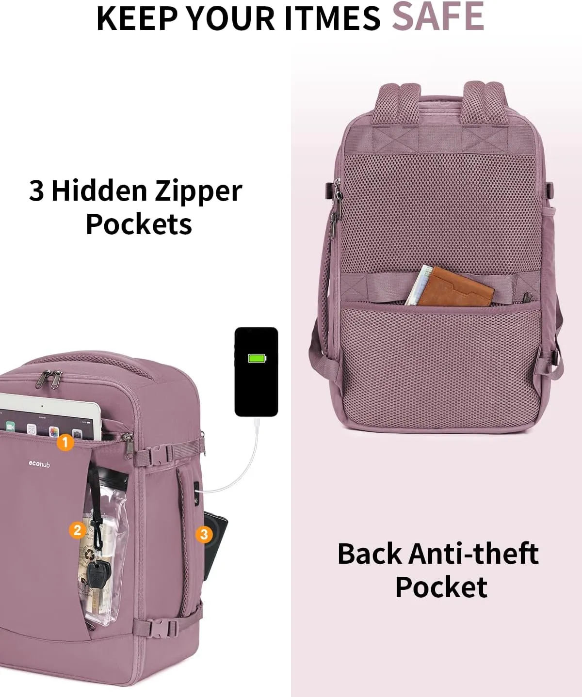 ECOHUB Travel Backpack for Women, Carry on Backpack with USB Charging Hole, Spirit Airlines Personal Item Bag Flight Approved, 15.6 Inch Laptop Backpack with Anti Theft Pockets, 30L, Pink