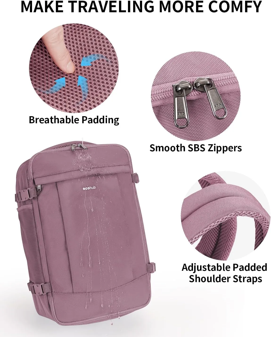 ECOHUB Travel Backpack for Women, Carry on Backpack with USB Charging Hole, Spirit Airlines Personal Item Bag Flight Approved, 15.6 Inch Laptop Backpack with Anti Theft Pockets, 30L, Pink