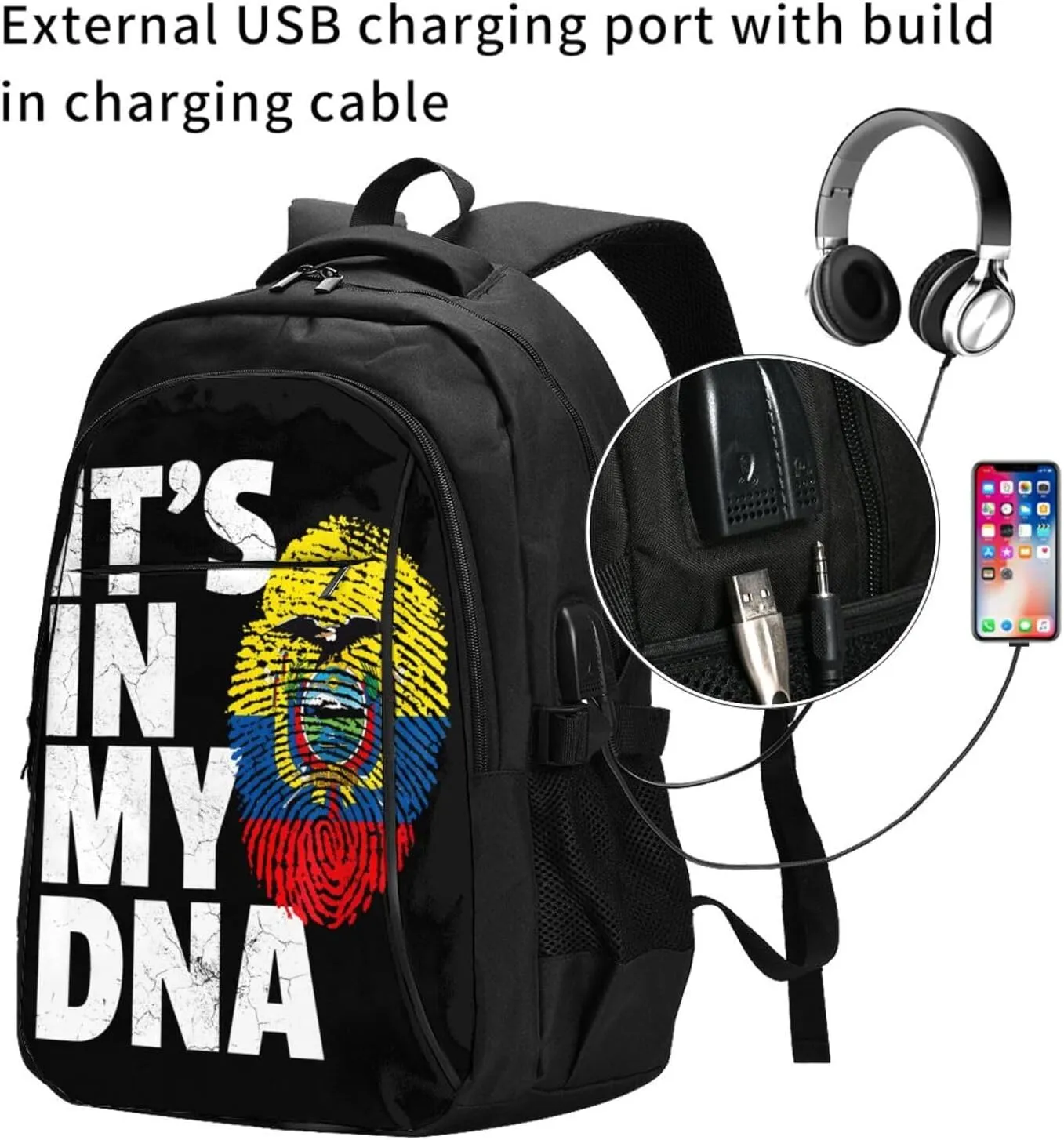 Ecuador Ecuadorian Pride Flag Travel Backpacks Casual Backpack Large Capacity Laptop Rucksack Luggage Daypacks with USB Charging Port Multi-Pockets Bags for Hiking