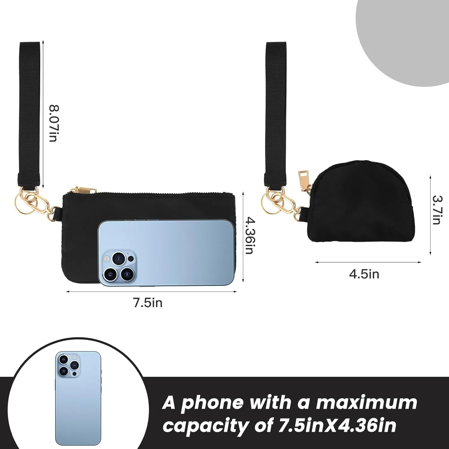 EKOLE Mini Zip Around Wristlet Keychain Wallet for Women Detachable Dual Pouch Wristlet Portable Phone Coin Purse Coin Pocket (Black Gold)