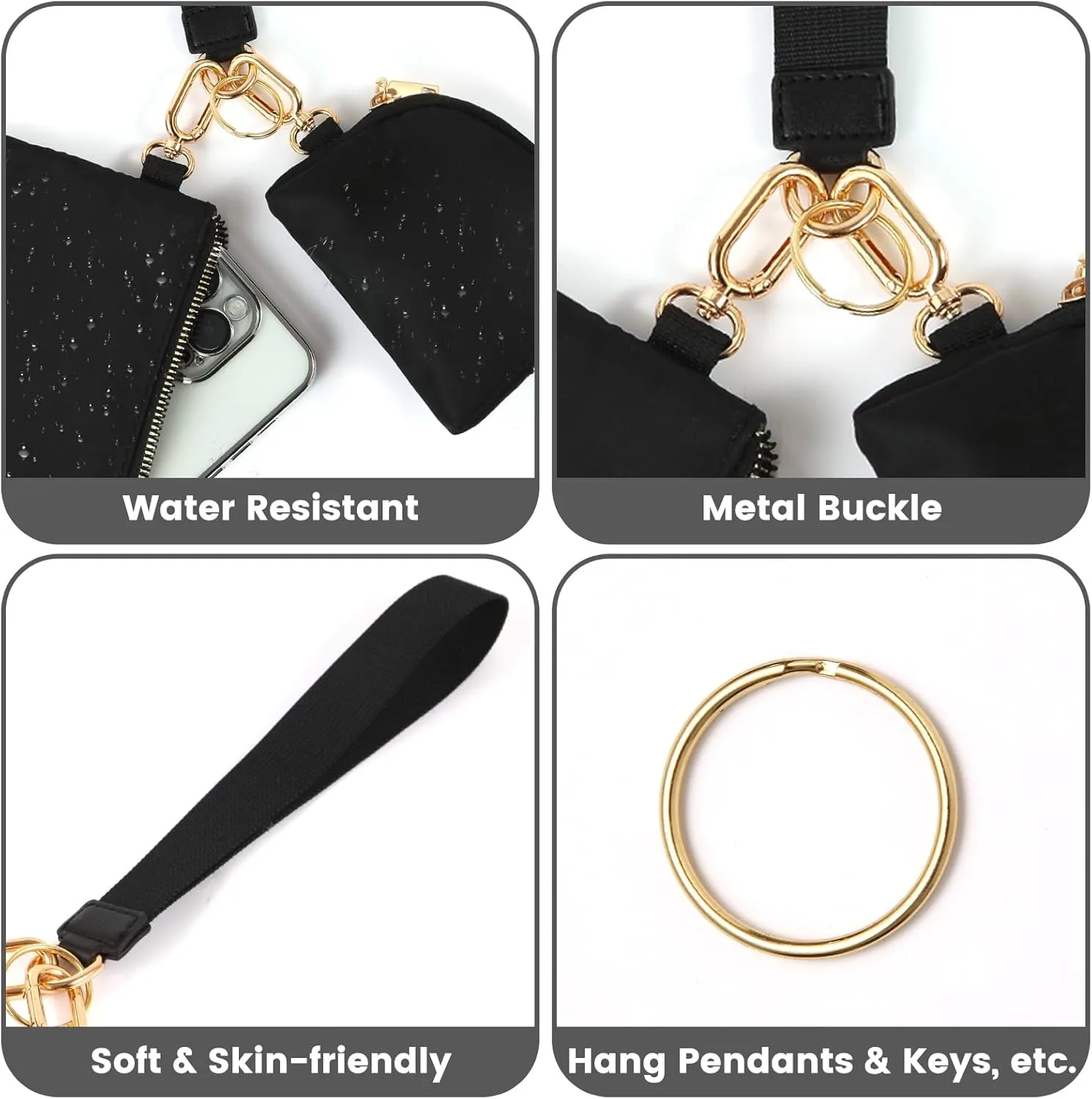 EKOLE Mini Zip Around Wristlet Keychain Wallet for Women Detachable Dual Pouch Wristlet Portable Phone Coin Purse Coin Pocket (Black Gold)