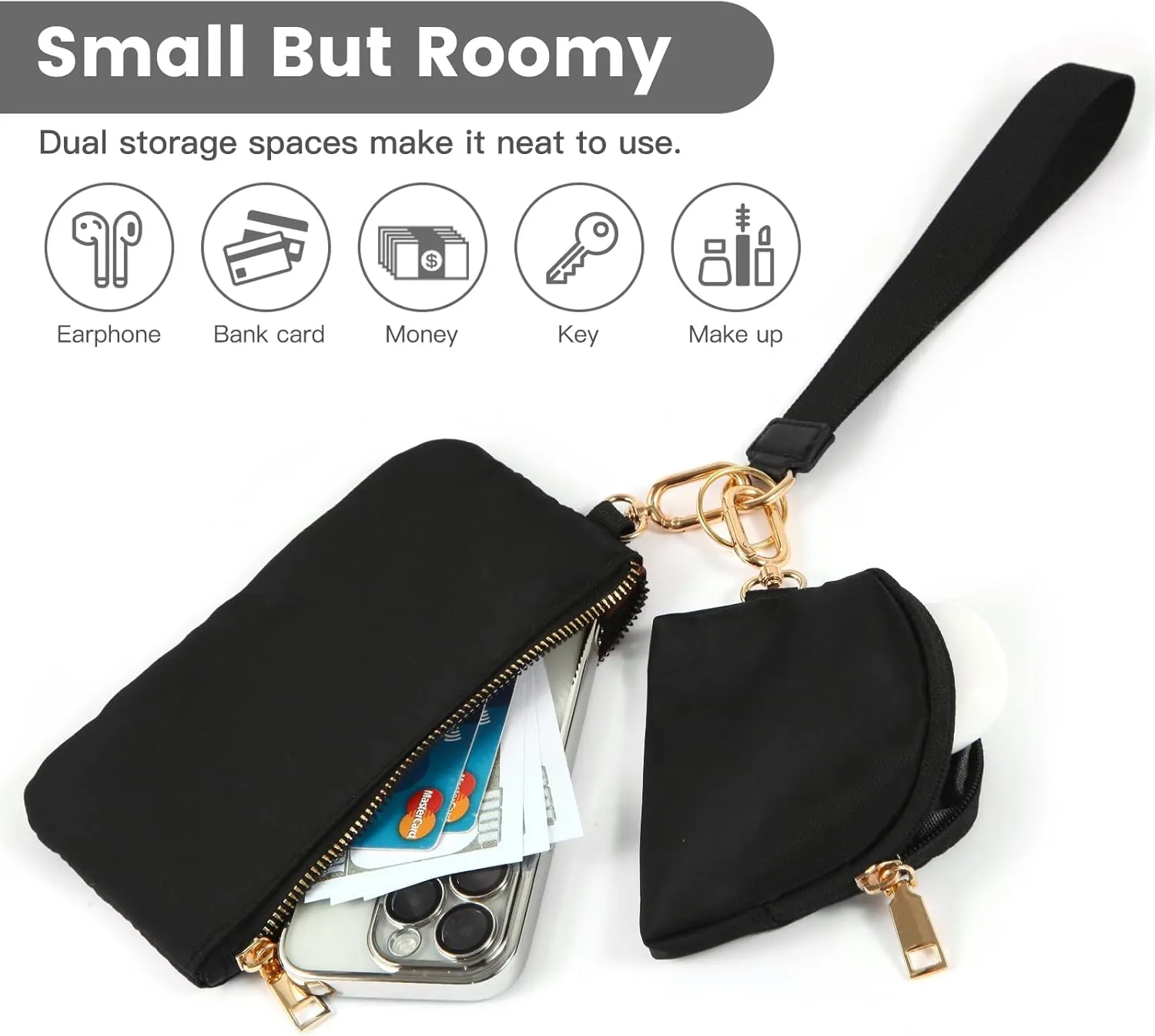 EKOLE Mini Zip Around Wristlet Keychain Wallet for Women Detachable Dual Pouch Wristlet Portable Phone Coin Purse Coin Pocket (Black Gold)