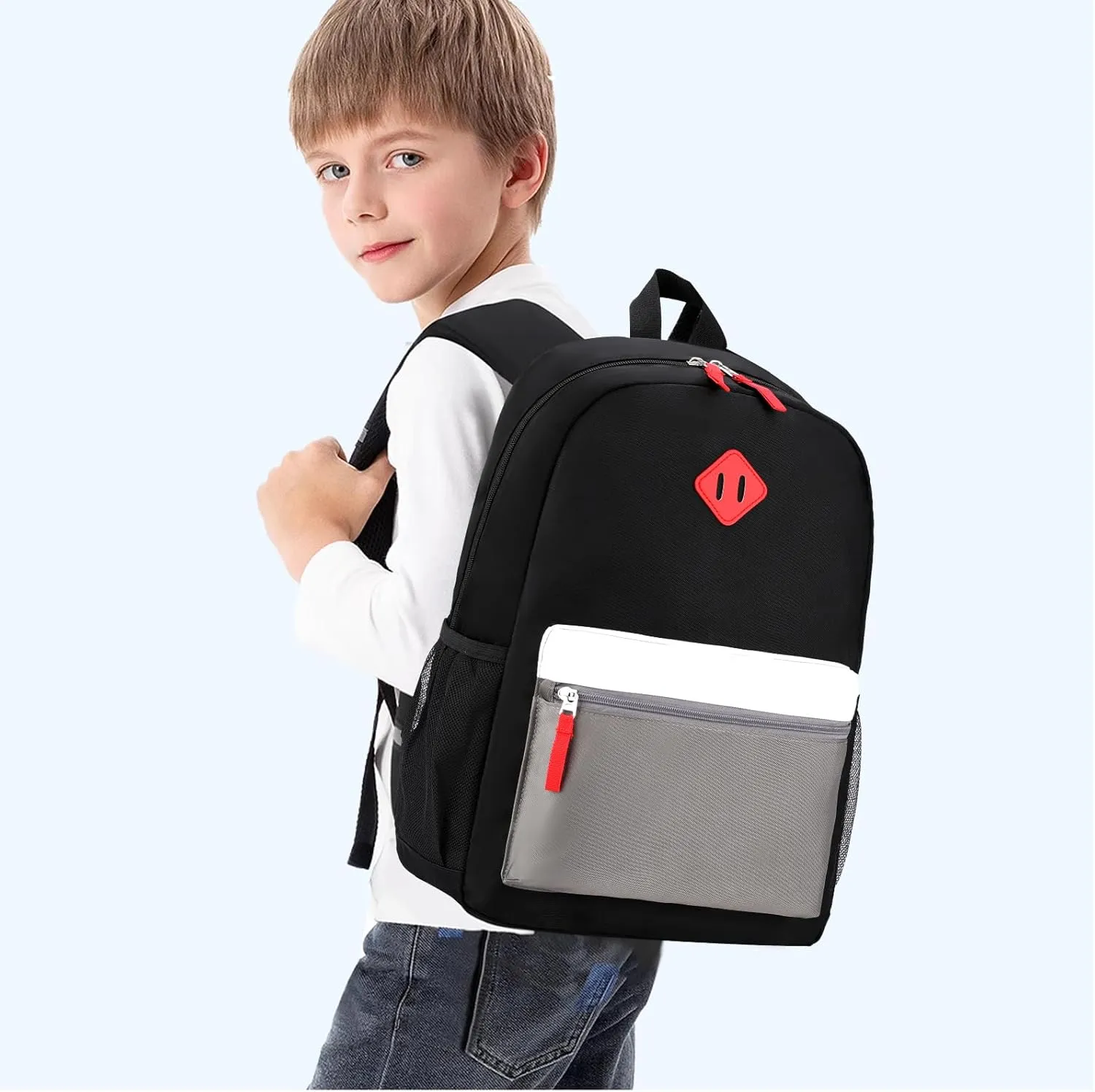 Elementary Backpack for Boys and Girls 5-9 Years Kindergarten Primary Kids Bookbag with Chest Buckle (Black Grey, Large-17inch)