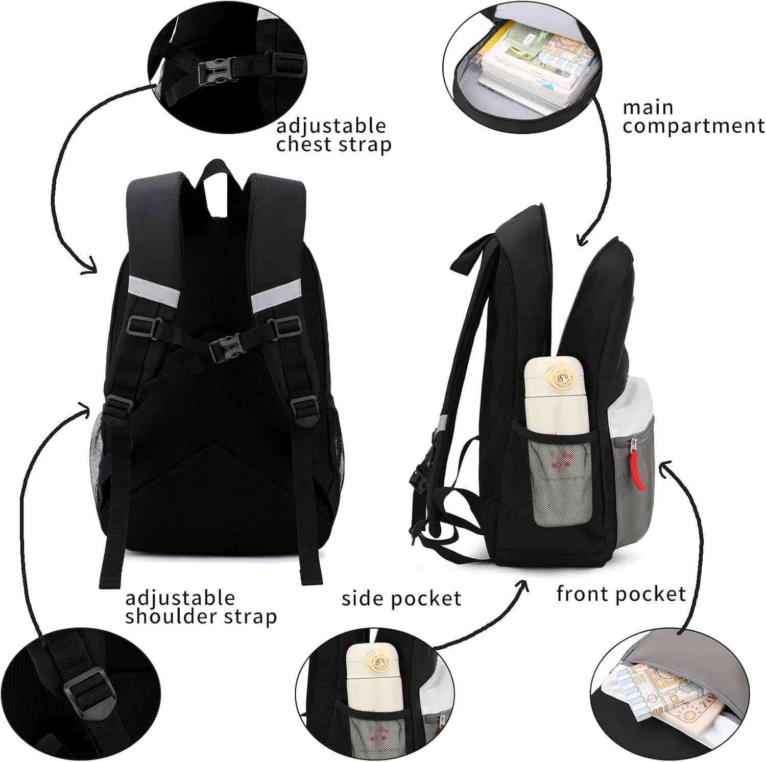 Elementary Backpack for Boys and Girls 5-9 Years Kindergarten Primary Kids Bookbag with Chest Buckle (Black Grey, Large-17inch)