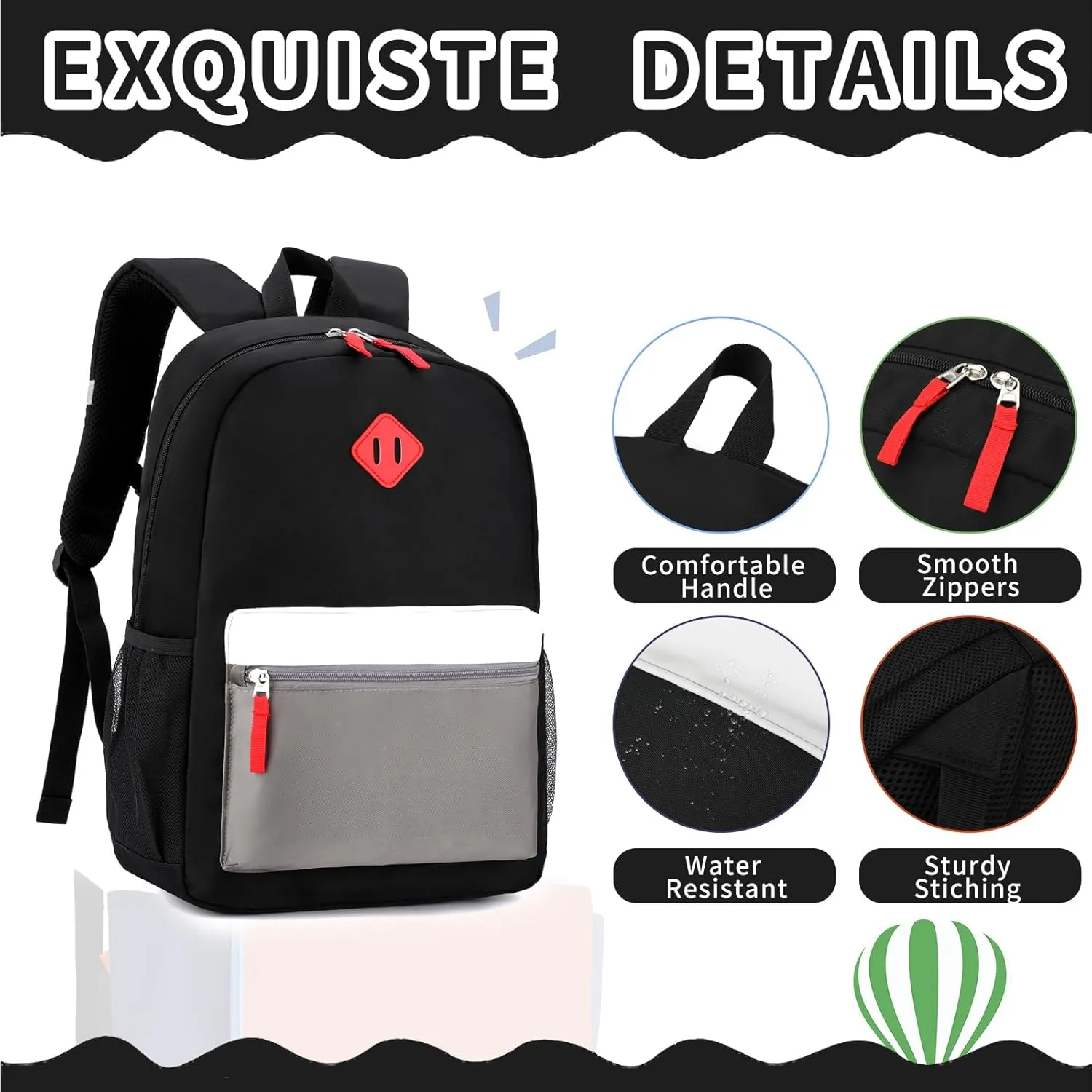 Elementary Backpack for Boys and Girls 5-9 Years Kindergarten Primary Kids Bookbag with Chest Buckle (Black Grey, Large-17inch)