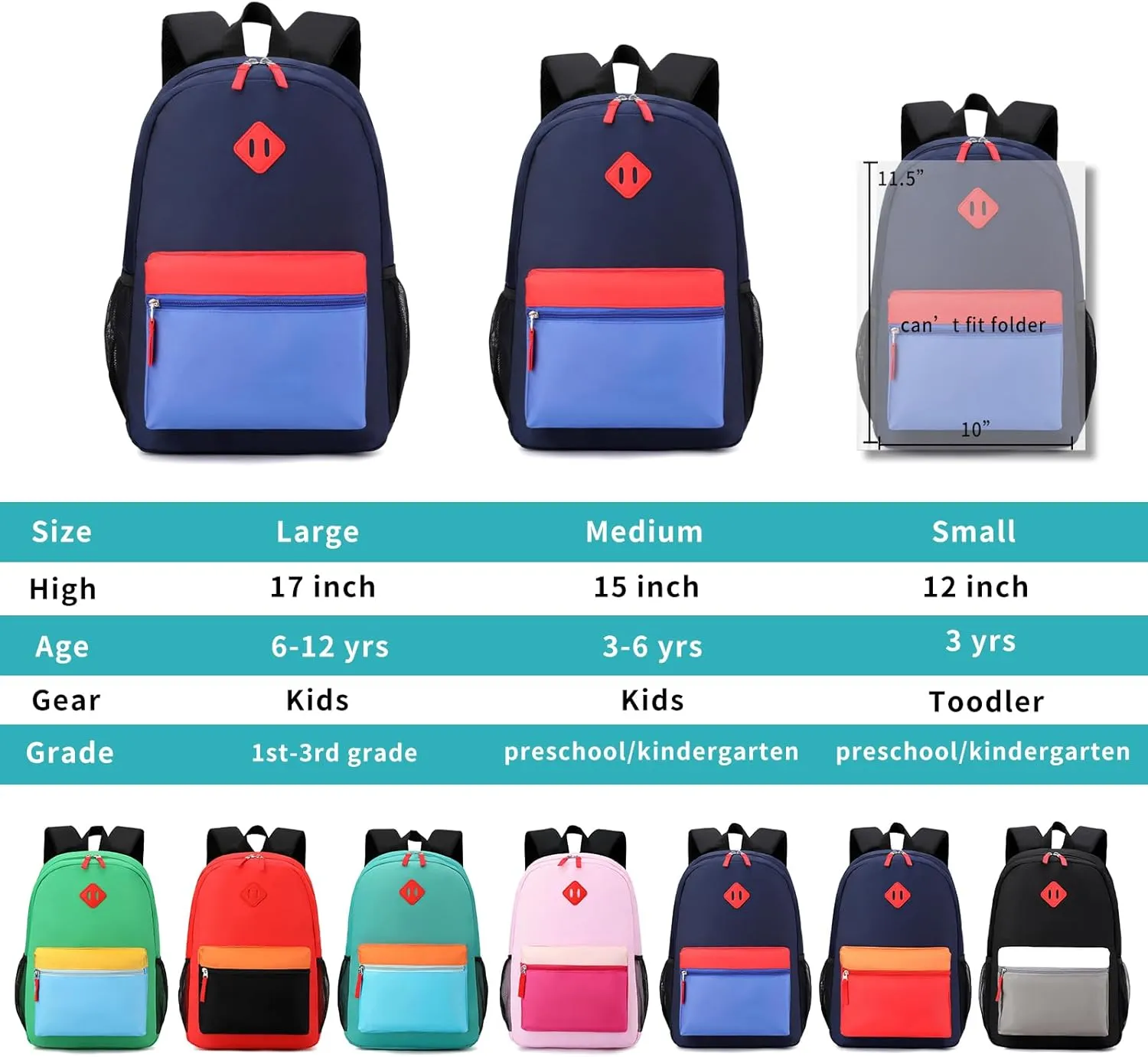 Elementary Backpack for Boys and Girls 5-9 Years Kindergarten Primary Kids Bookbag with Chest Buckle (Navy Blue, Large-17inch)
