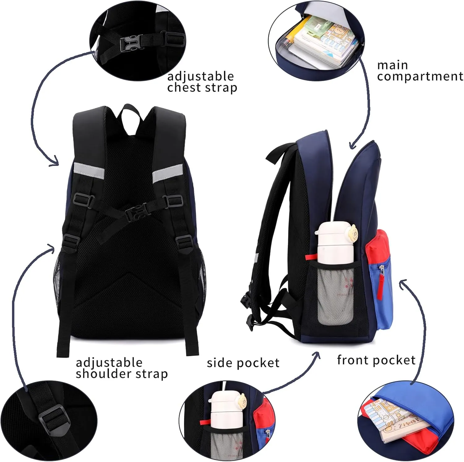 Elementary Backpack for Boys and Girls 5-9 Years Kindergarten Primary Kids Bookbag with Chest Buckle (Navy Blue, Large-17inch)