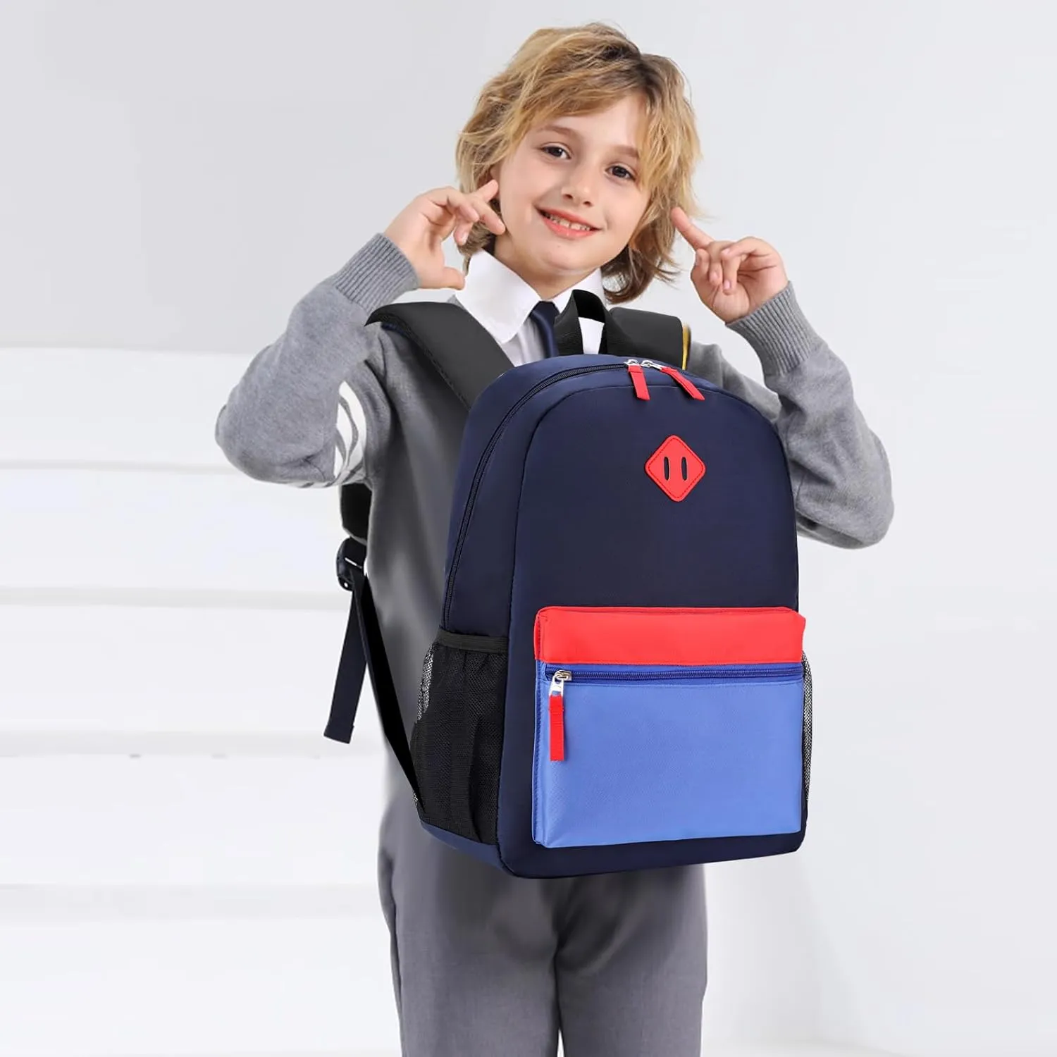 Elementary Backpack for Boys and Girls 5-9 Years Kindergarten Primary Kids Bookbag with Chest Buckle (Navy Blue, Large-17inch)