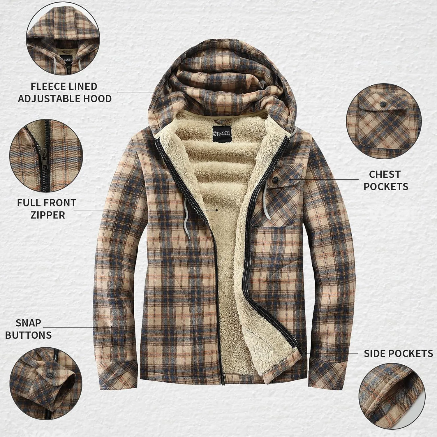 Elesuit Men's Full Zip Fleece Flannel Jackets Shirt Plaid Cotton Hoodies Soft Warm Coat for Men with Hood