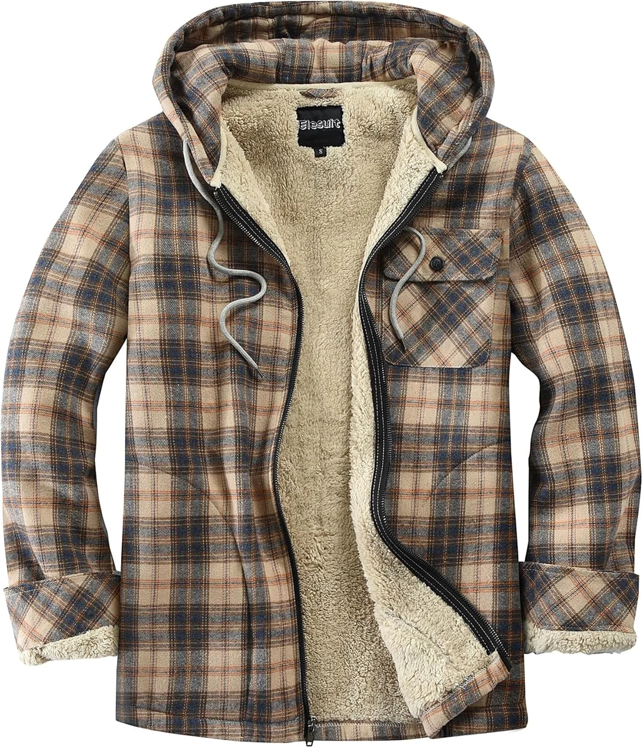 Elesuit Men's Full Zip Fleece Flannel Jackets Shirt Plaid Cotton Hoodies Soft Warm Coat for Men with Hood