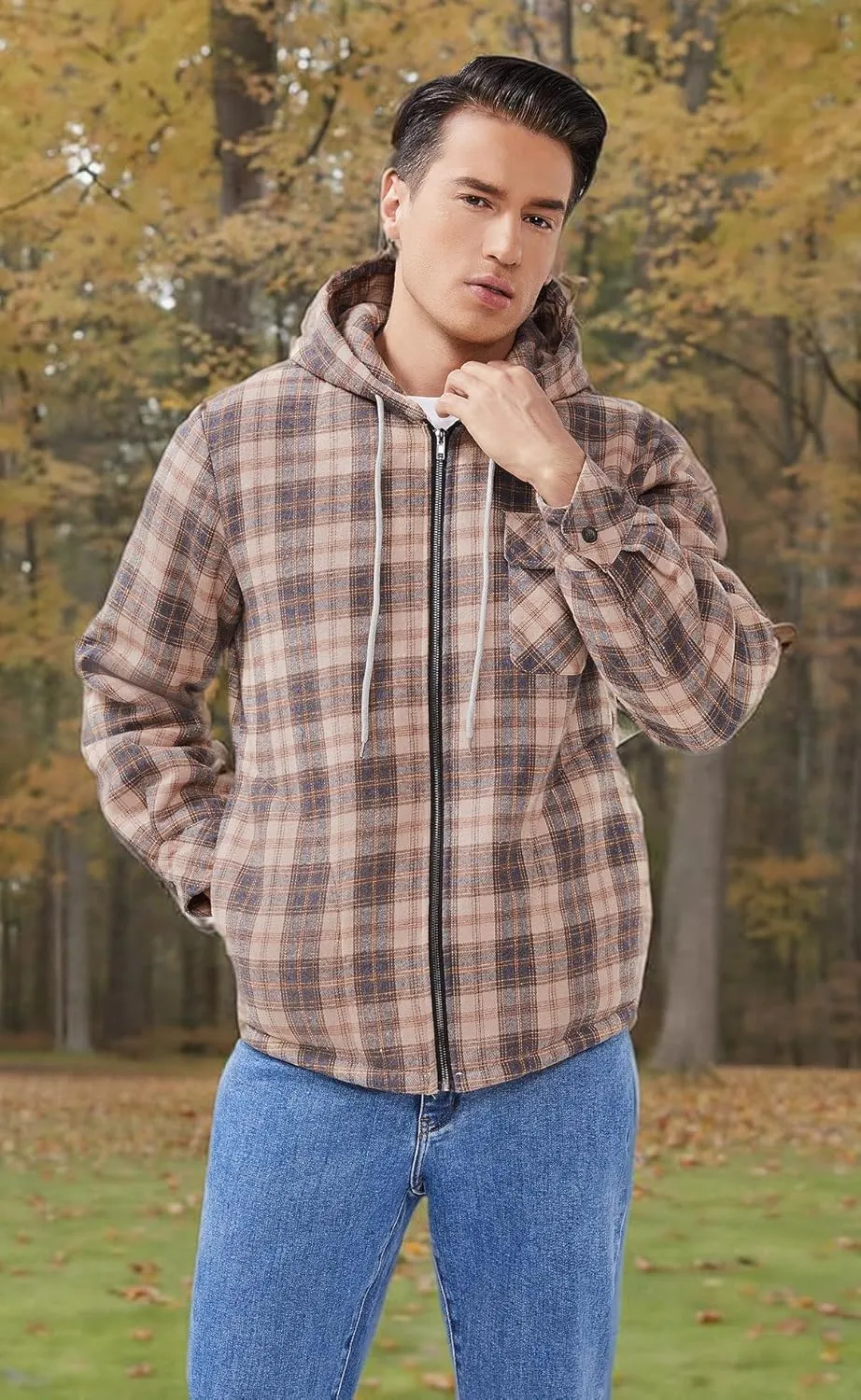 Elesuit Men's Full Zip Fleece Flannel Jackets Shirt Plaid Cotton Hoodies Soft Warm Coat for Men with Hood