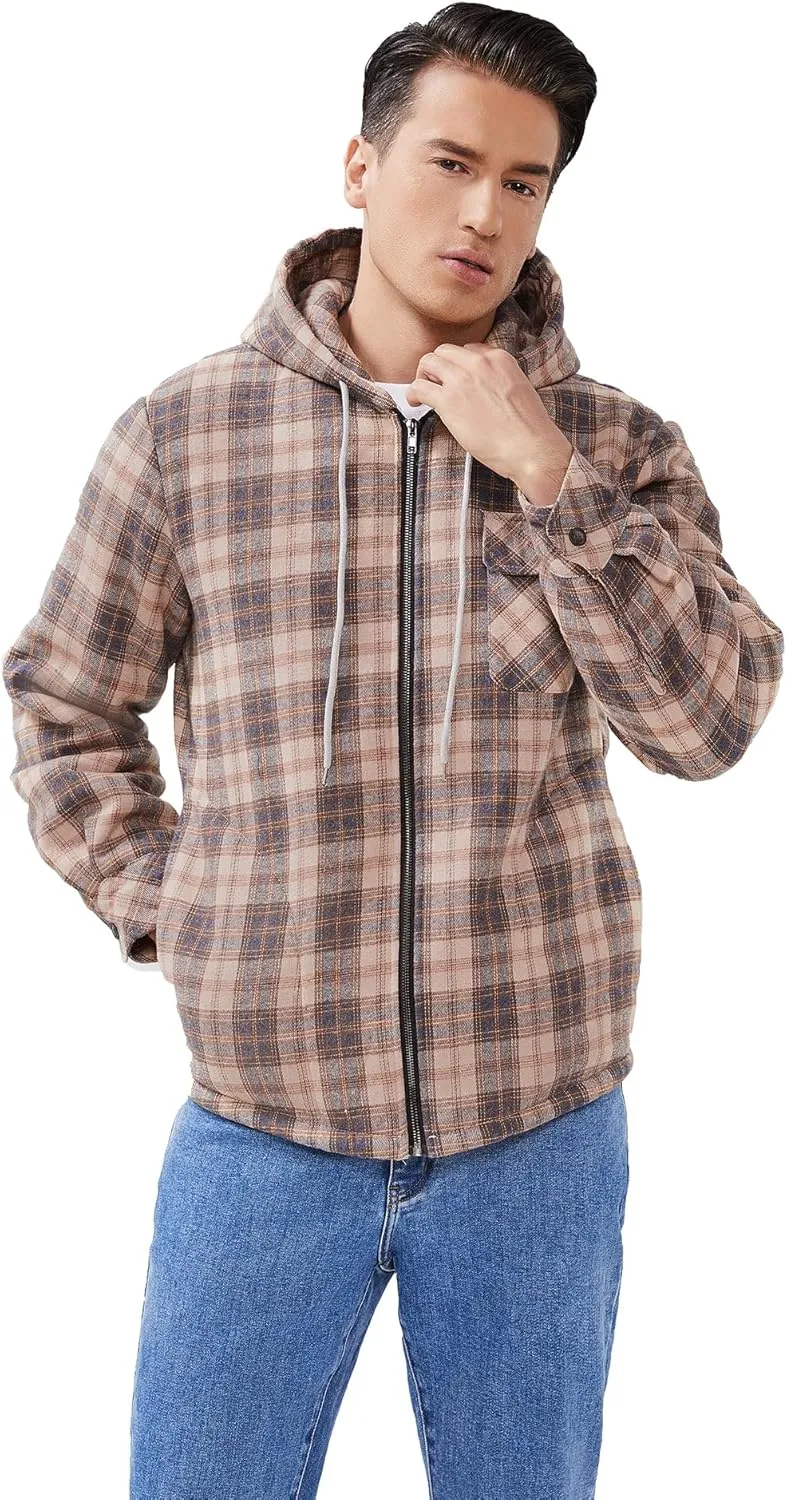 Elesuit Men's Full Zip Fleece Flannel Jackets Shirt Plaid Cotton Hoodies Soft Warm Coat for Men with Hood