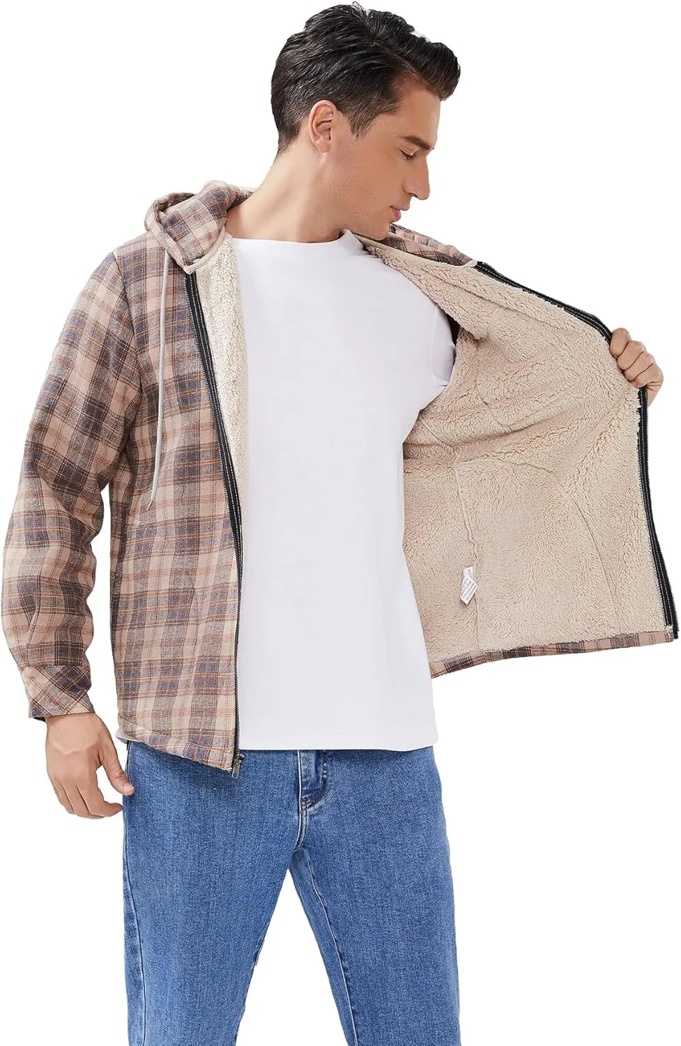 Elesuit Men's Full Zip Fleece Flannel Jackets Shirt Plaid Cotton Hoodies Soft Warm Coat for Men with Hood