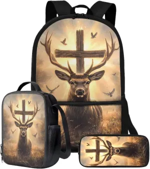 Elk Cross Dove Print Backpack Bag for Girls Boys Kids 3 Pack School Bag with Lunch Box Pencil Case Set Middle High School Bookbag Travel Daypack Satchel Shoulder Bags Rucksack