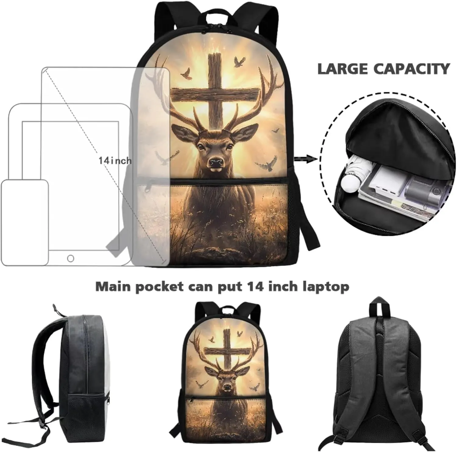 Elk Cross Dove Print Backpack Bag for Girls Boys Kids 3 Pack School Bag with Lunch Box Pencil Case Set Middle High School Bookbag Travel Daypack Satchel Shoulder Bags Rucksack