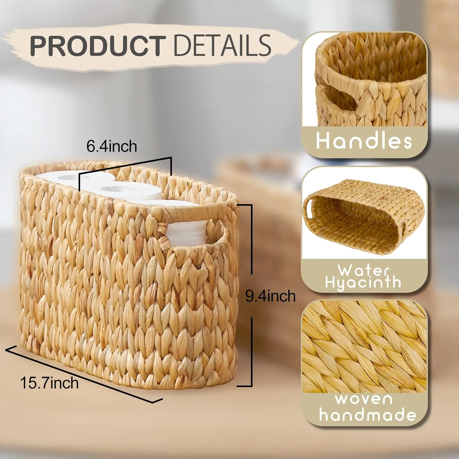 ELONG HOME Toilet Paper Storage Basket, Water Hyacinth Wicker Storage Holder for 6 Rolls Toilet Paper with Built-in Handles