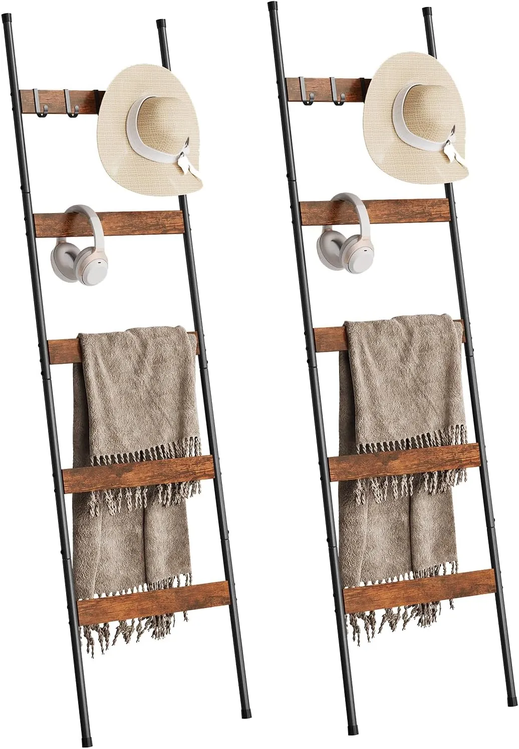 ELYKEN 2 Pack Blanket Ladder for Living Room, Farmhouse 5 -Tier Quilt Holder with 4 Removable Hooks for Bathroom, Wood Towel Rack Display, Wall Anchor Leaning Decorative Stand for Home Decor