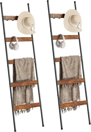 ELYKEN 2 Pack Blanket Ladder for Living Room, Farmhouse 5 -Tier Quilt Holder with 4 Removable Hooks for Bathroom, Wood Towel Rack Display, Wall Anchor Leaning Decorative Stand for Home Decor