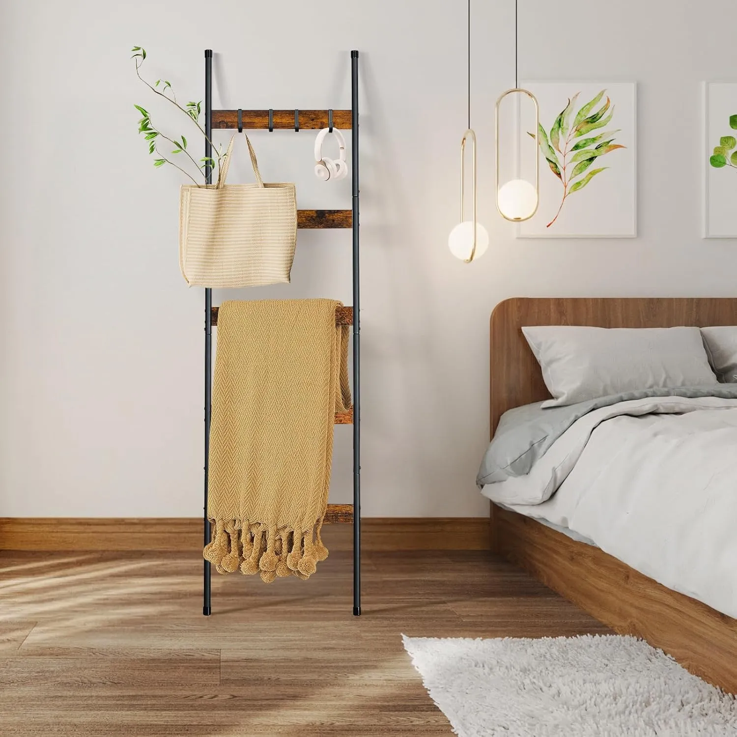 ELYKEN 2 Pack Blanket Ladder for Living Room, Farmhouse 5 -Tier Quilt Holder with 4 Removable Hooks for Bathroom, Wood Towel Rack Display, Wall Anchor Leaning Decorative Stand for Home Decor