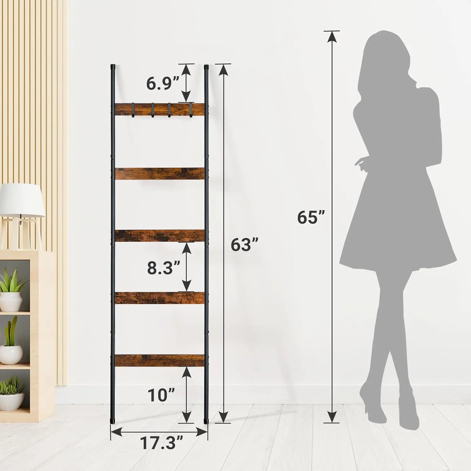 ELYKEN 2 Pack Blanket Ladder for Living Room, Farmhouse 5 -Tier Quilt Holder with 4 Removable Hooks for Bathroom, Wood Towel Rack Display, Wall Anchor Leaning Decorative Stand for Home Decor