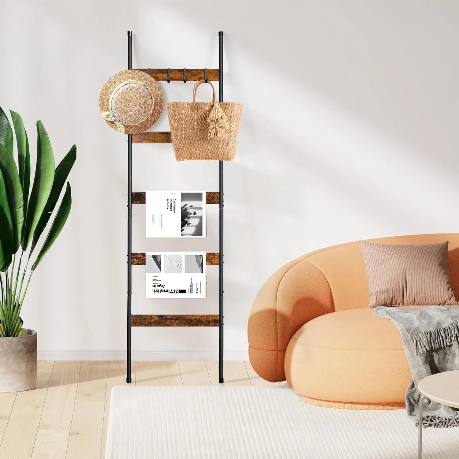 ELYKEN 2 Pack Blanket Ladder for Living Room, Farmhouse 5 -Tier Quilt Holder with 4 Removable Hooks for Bathroom, Wood Towel Rack Display, Wall Anchor Leaning Decorative Stand for Home Decor