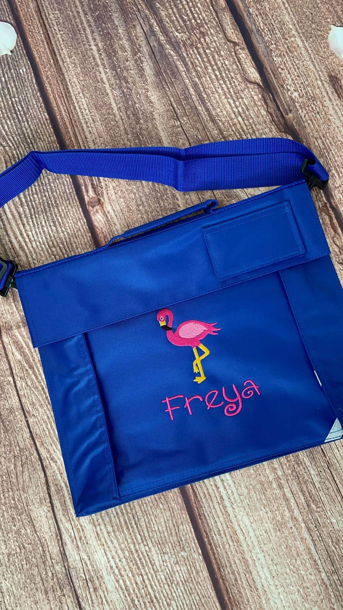 Embroidered Bookbag with strap - Flamingo