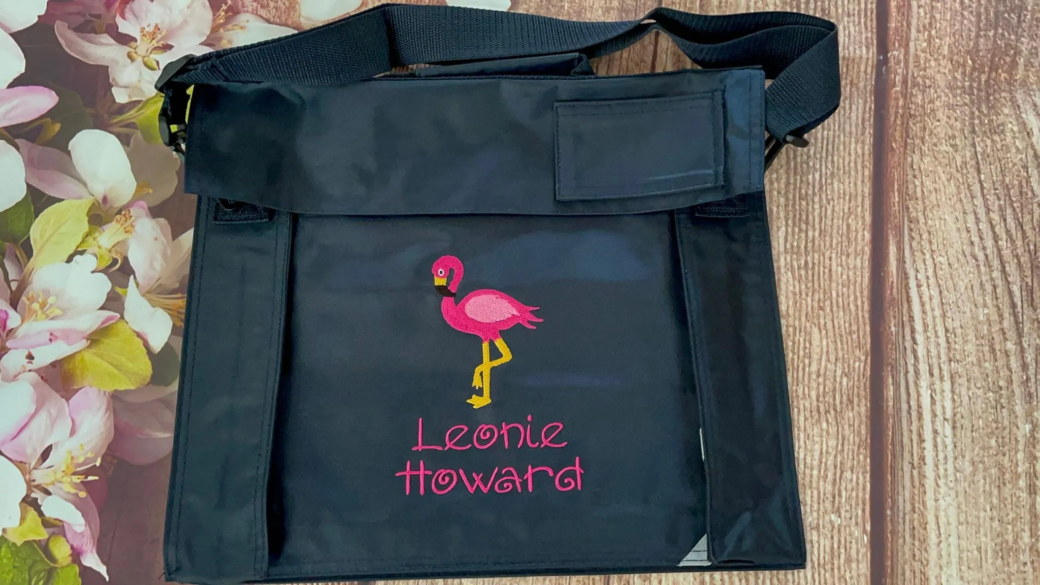 Embroidered Bookbag with strap - Flamingo
