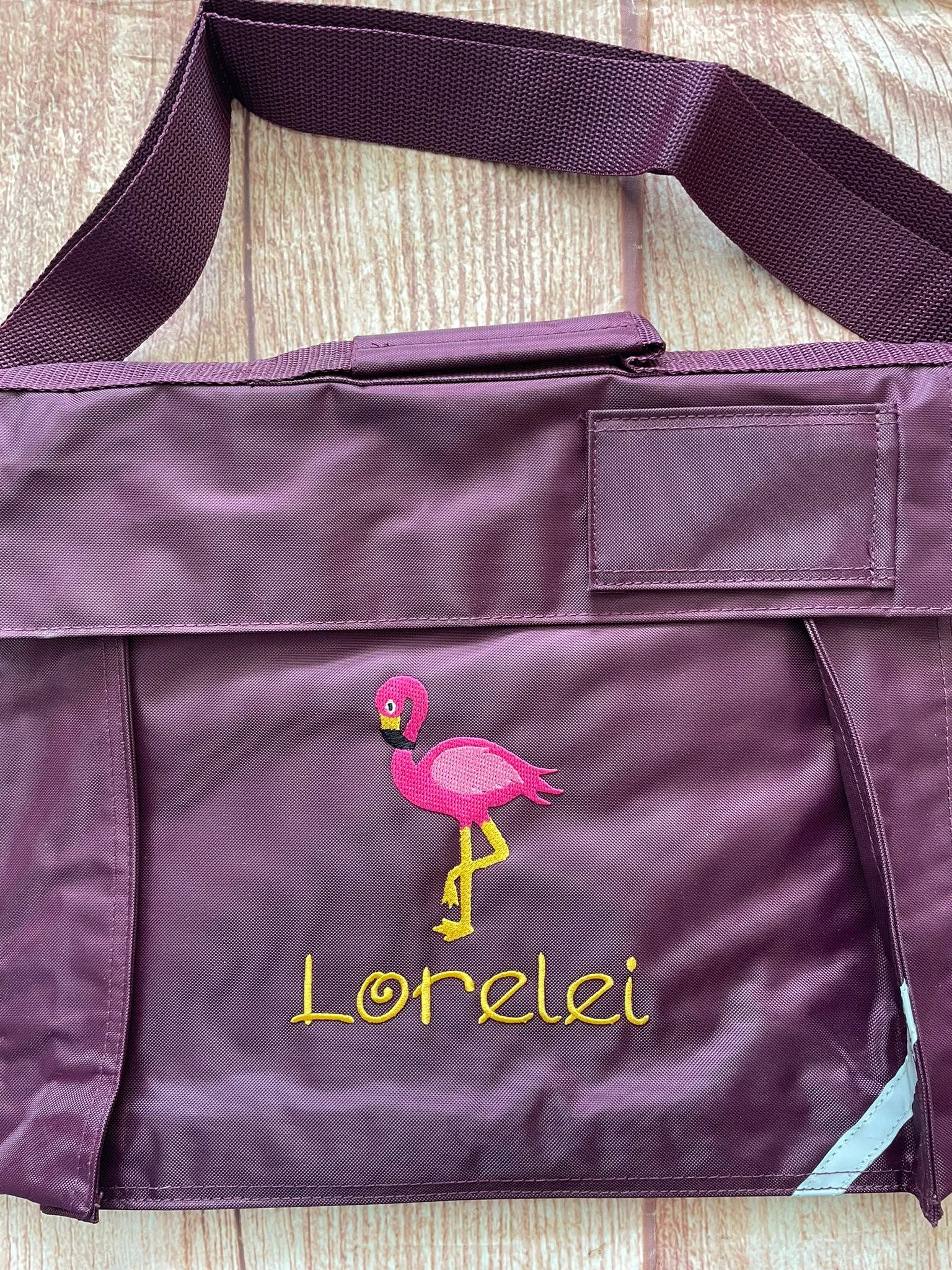 Embroidered Bookbag with strap - Flamingo