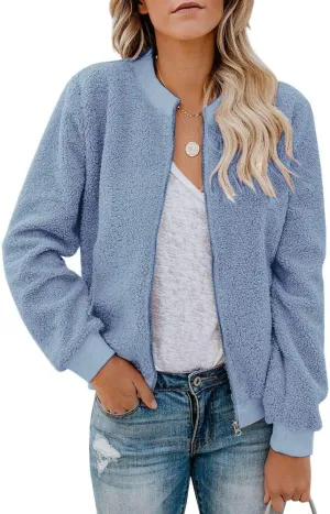 Eurivicy Women Fleece Jacket Winter Bomber Long Sleeve Faux Sherpa Fuzzy Casual Zip Up Coat Pocket