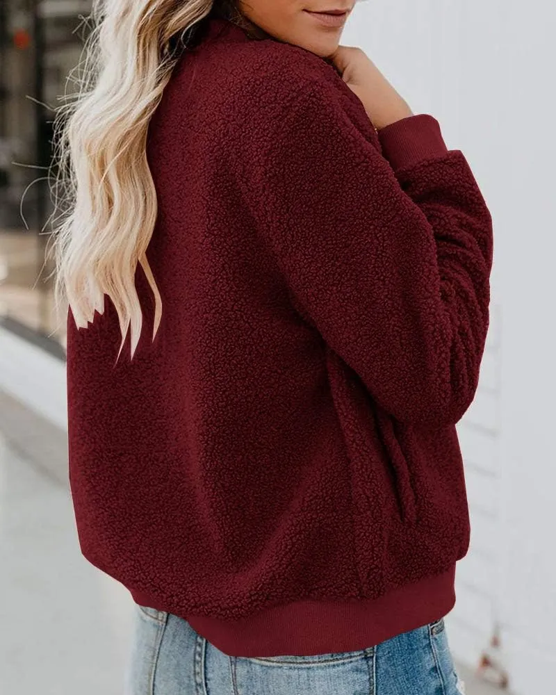 Eurivicy Women Fleece Jacket Winter Bomber Long Sleeve Faux Sherpa Fuzzy Casual Zip Up Coat Pocket