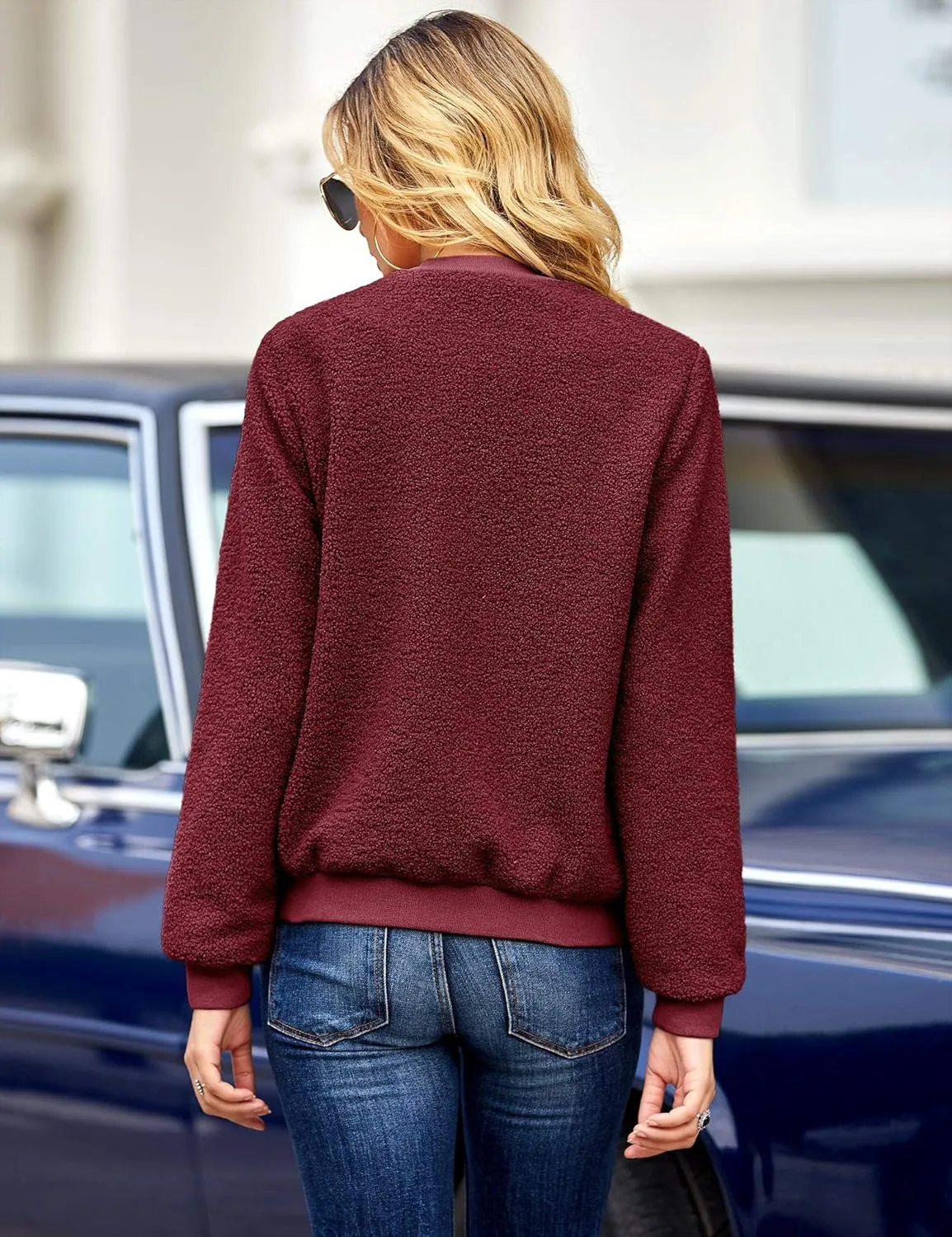 Eurivicy Women Fleece Jacket Winter Bomber Long Sleeve Faux Sherpa Fuzzy Casual Zip Up Coat Pocket