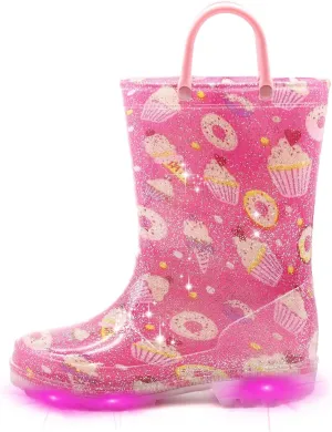 EUXTERPA Kids Toddler Light Up Rain Boots Boys Waterproof Patterns and Glitter Boots with Easy On Handles
