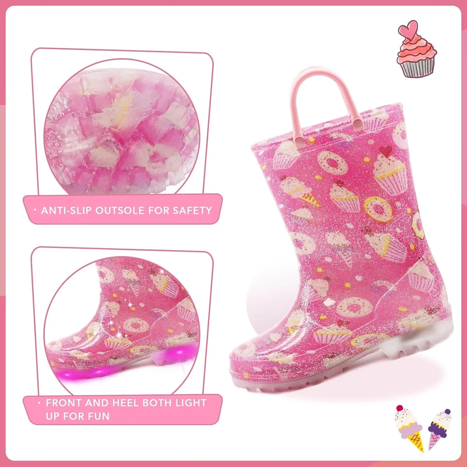 EUXTERPA Kids Toddler Light Up Rain Boots Boys Waterproof Patterns and Glitter Boots with Easy On Handles