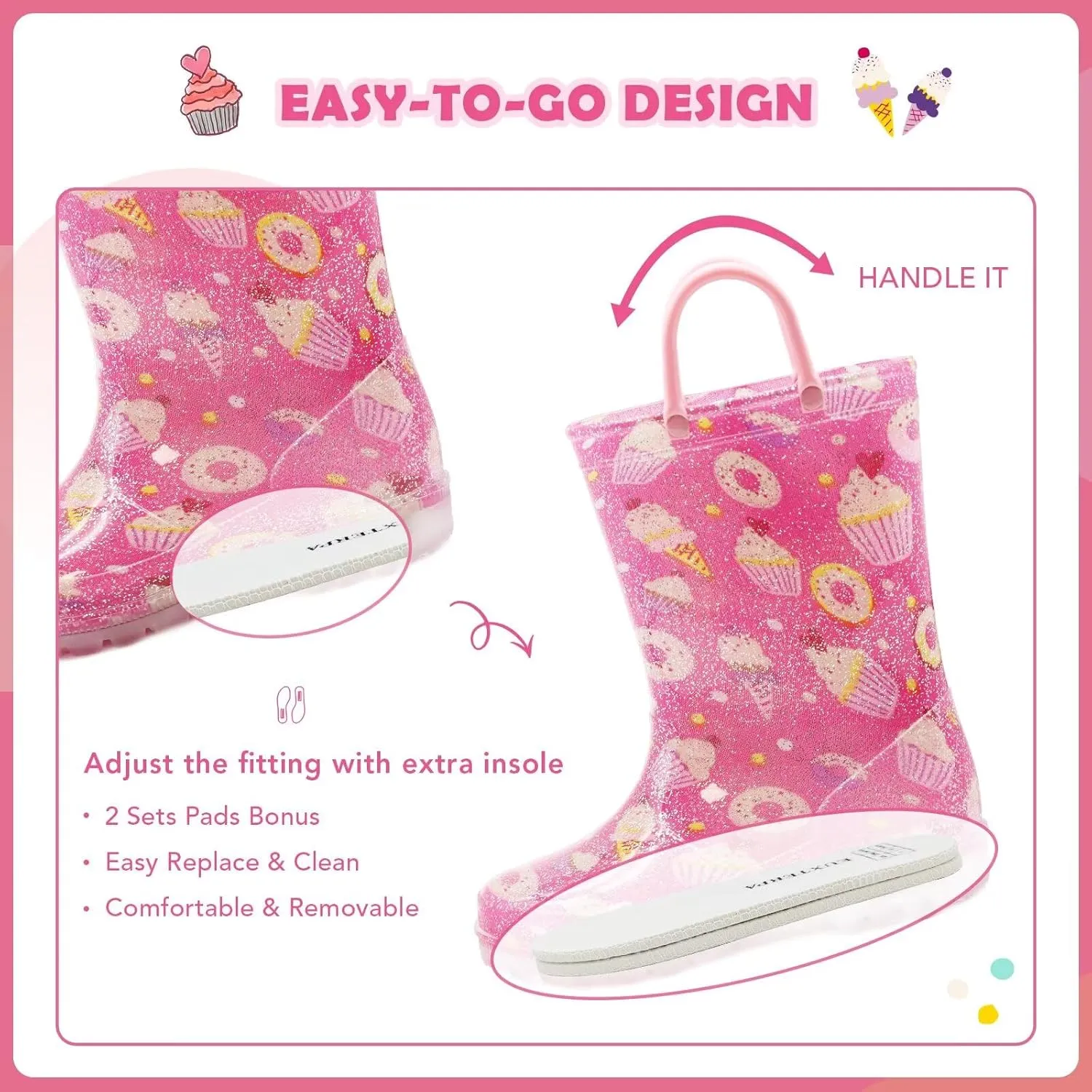 EUXTERPA Kids Toddler Light Up Rain Boots Boys Waterproof Patterns and Glitter Boots with Easy On Handles