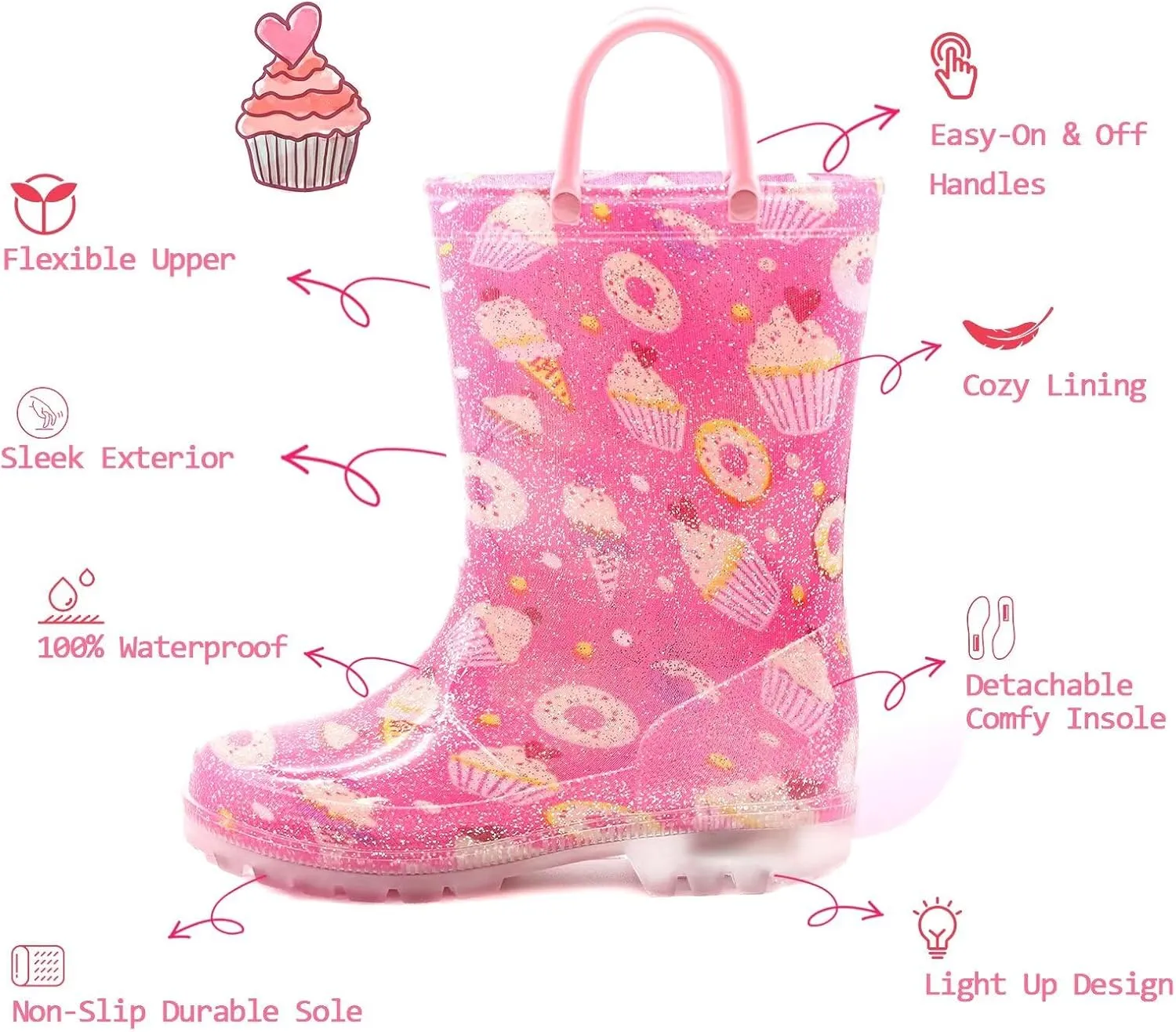 EUXTERPA Kids Toddler Light Up Rain Boots Boys Waterproof Patterns and Glitter Boots with Easy On Handles